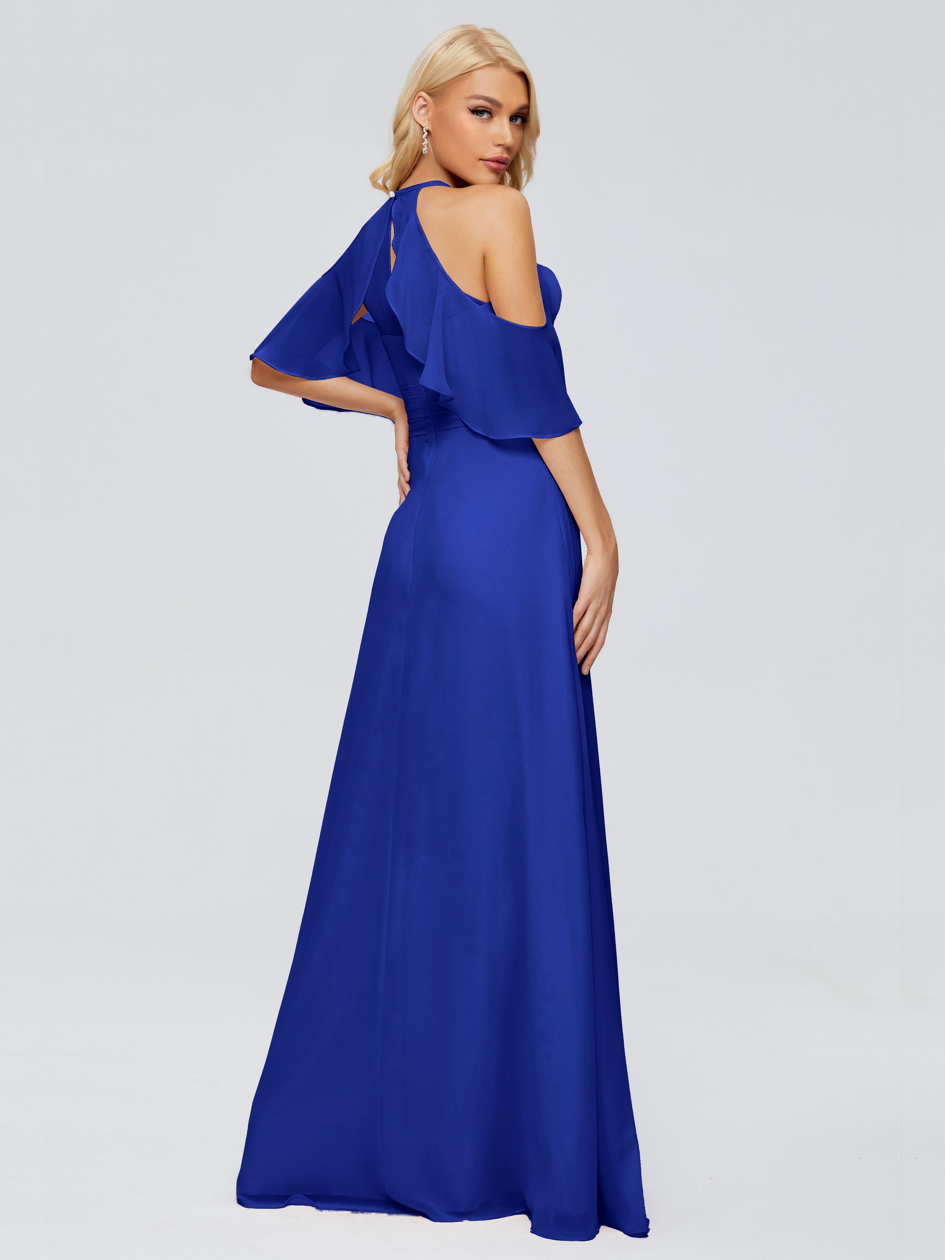 Long Robe Demoiselle D Honneur Bleu Roi Trapèze Fendue Devant Mousseline Robes Demoiselle D'Honneur