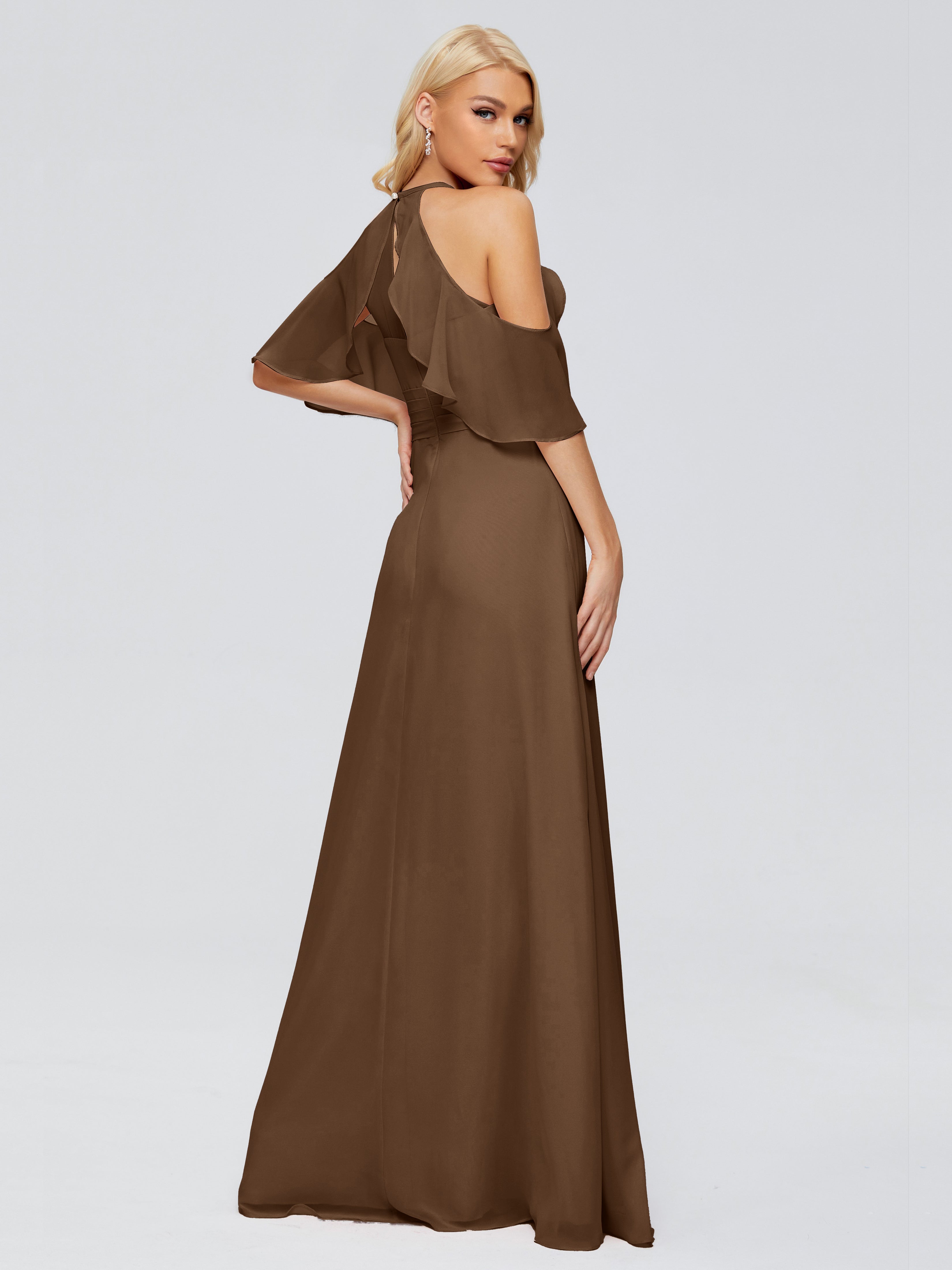 Robe Demoiselle D Honneur Brun Trapèze Fendue Devant Mousseline Robes Demoiselle D'Honneur