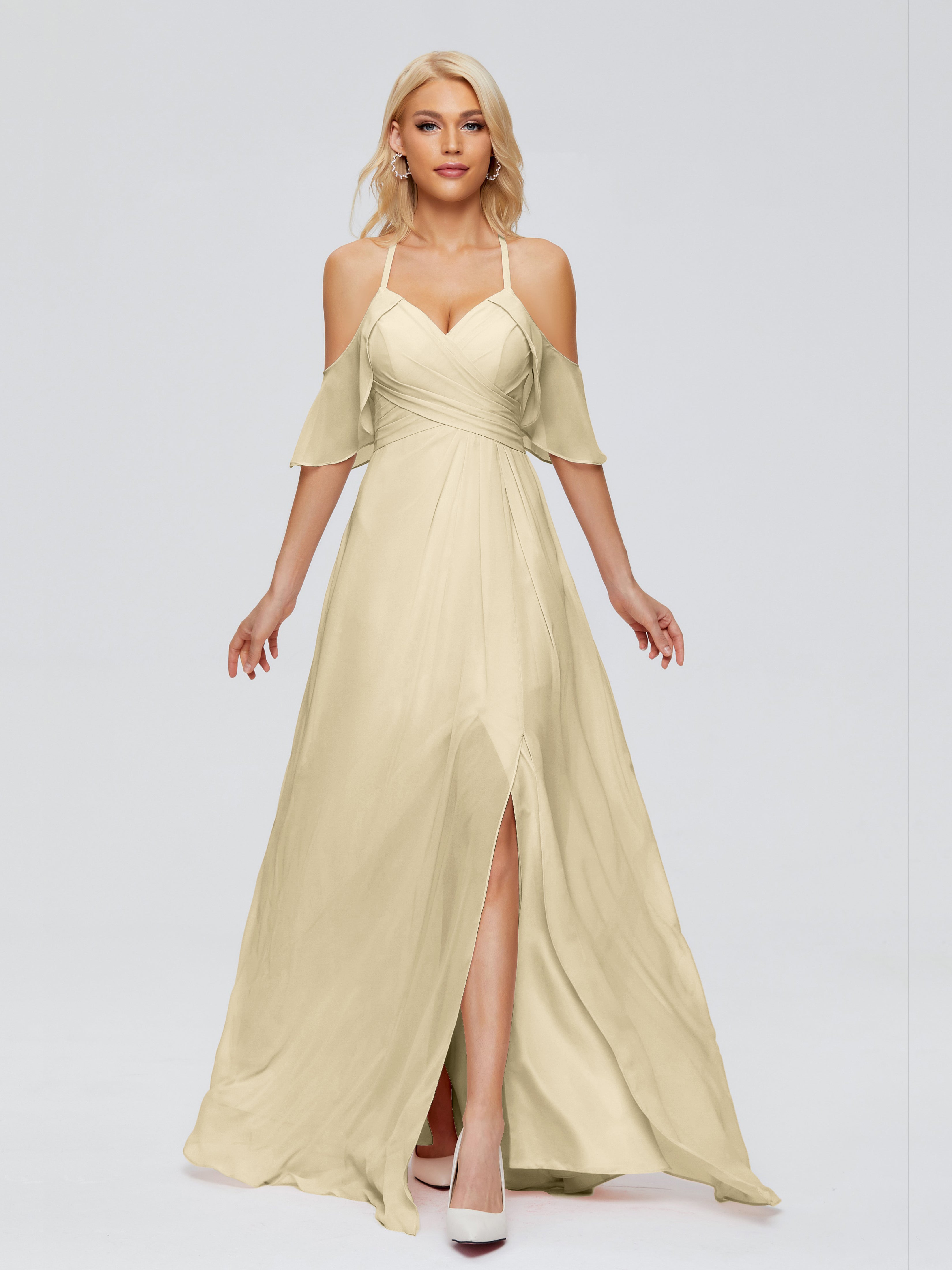 Demoiselle Dhonneur Robe Champagne Trapèze Fendue Devant Mousseline Robes Demoiselle D'Honneur
