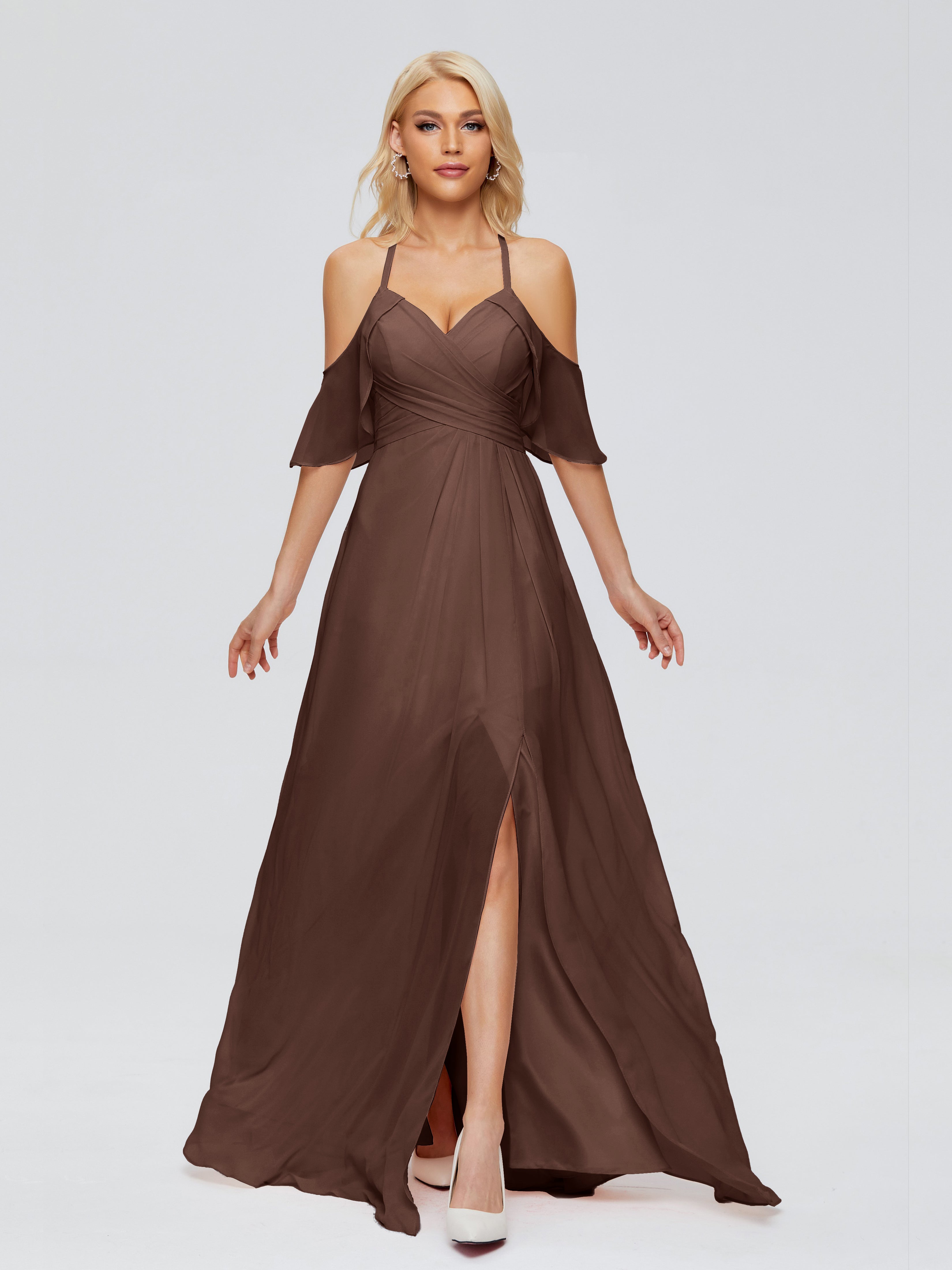 Robe Chocolat Demoiselle D Honneur Trapèze Fendue Devant Mousseline Robes Demoiselle D'Honneur