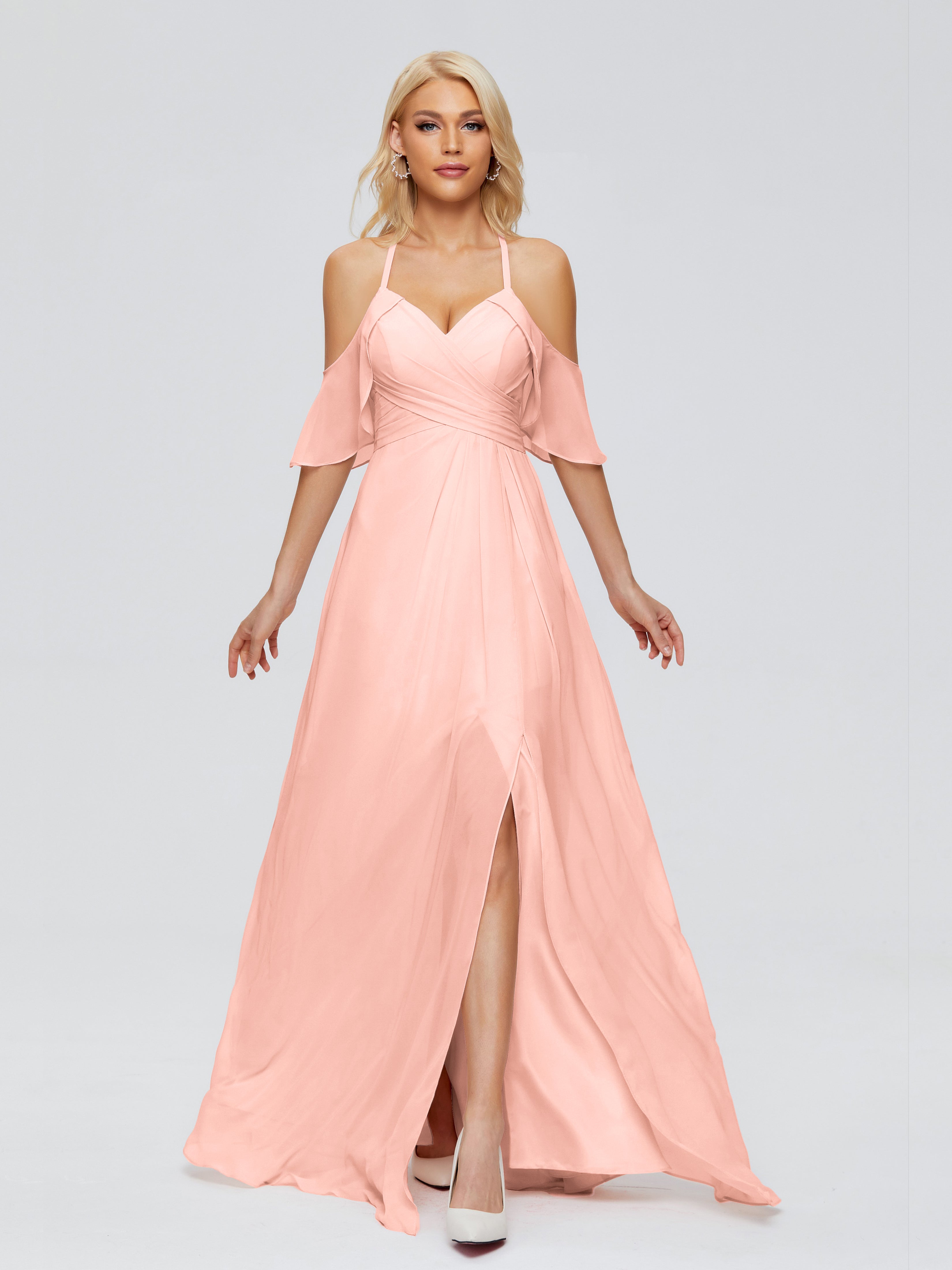 Robe Demoiselle Honneur Corail Trapèze Fendue Devant Mousseline Robes Demoiselle D'Honneur