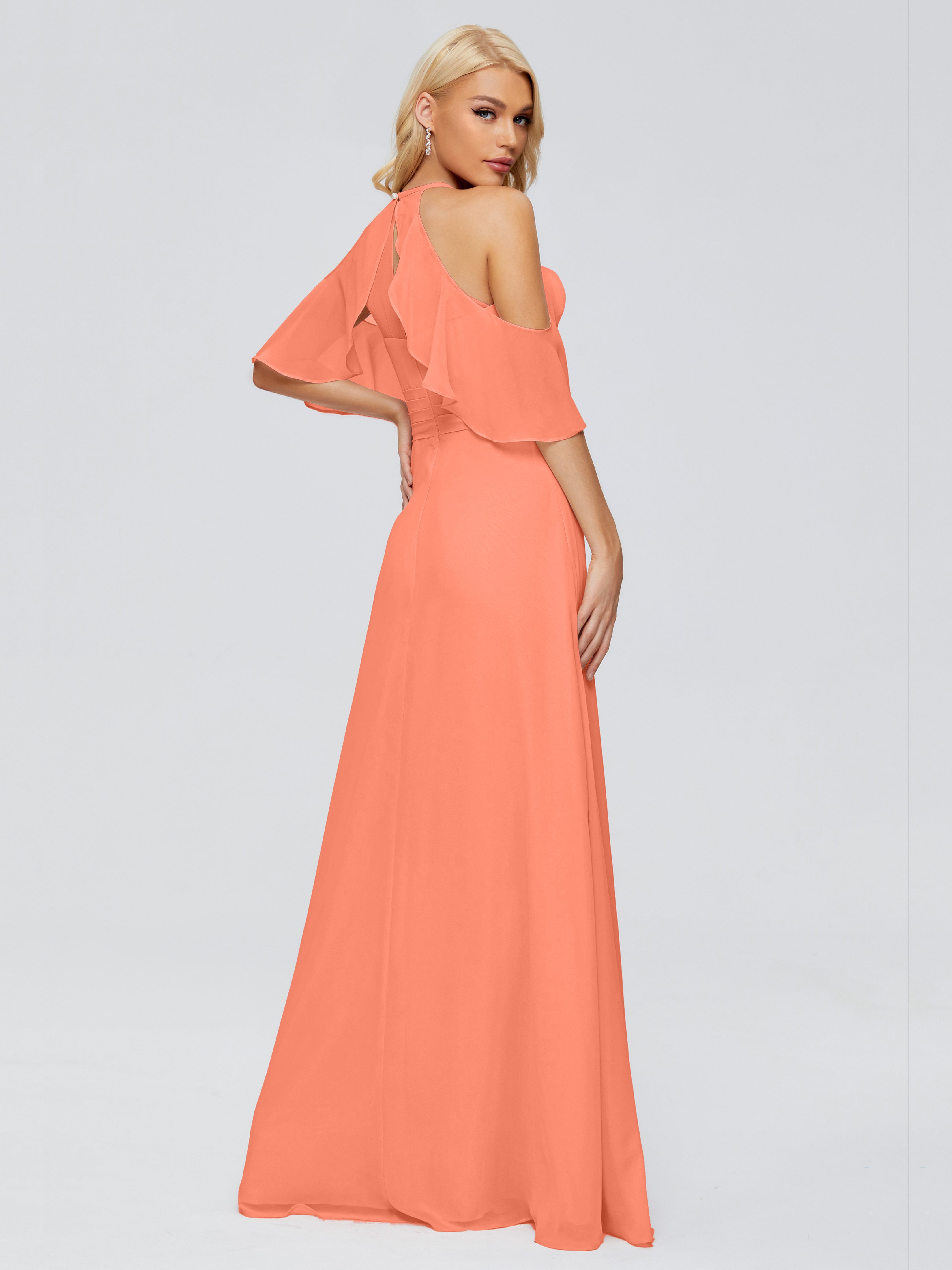 Robes De Demoiselle D'Honneur Coucher De Soleil Trapèze Fendue Devant Mousseline Robes Demoiselle D'Honneur
