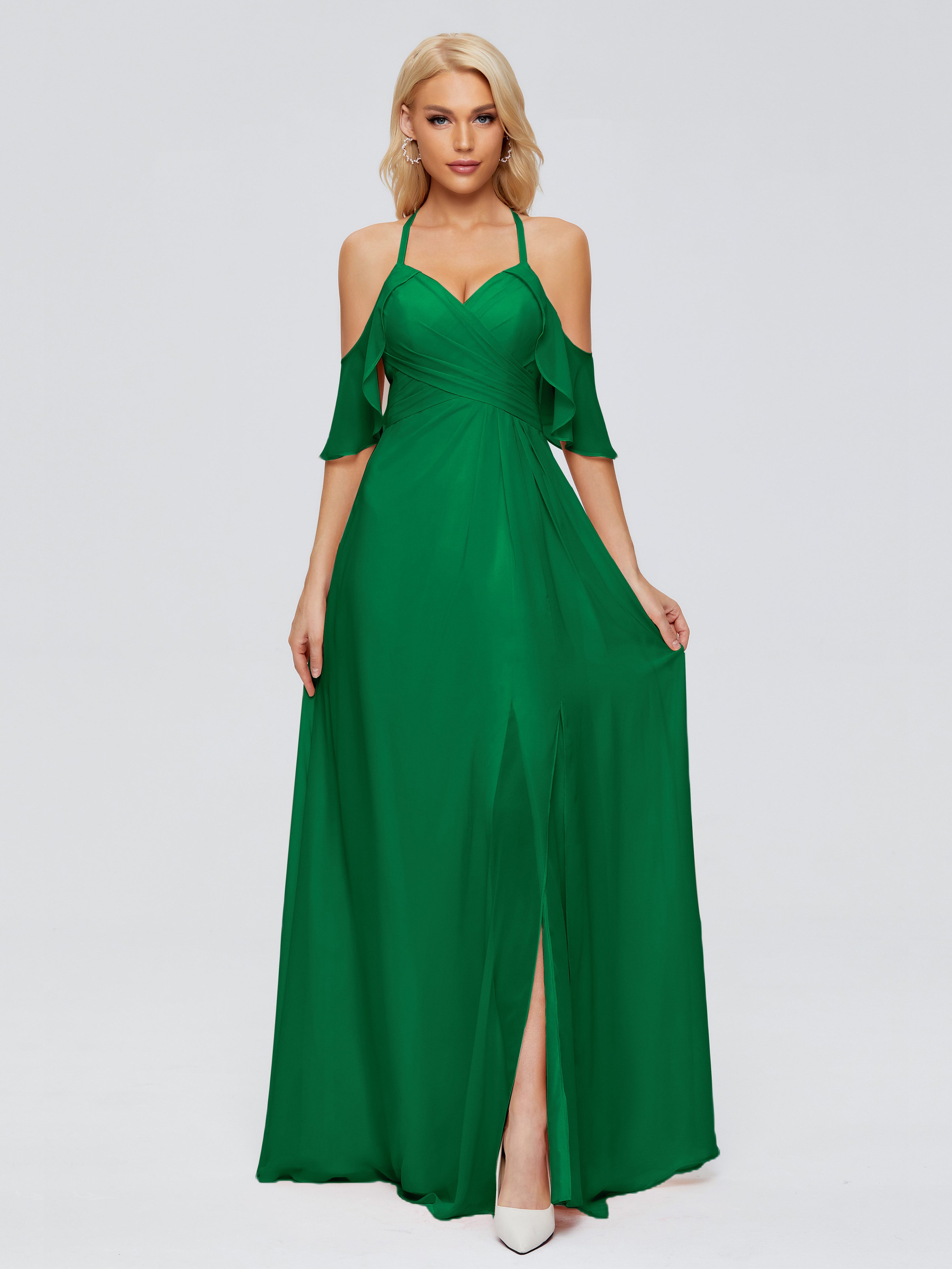 Wedding Party Robe Vert Emeraude Demoiselle D Honneur Trapèze Fendue Devant Mousseline Robes Demoiselle D'Honneur