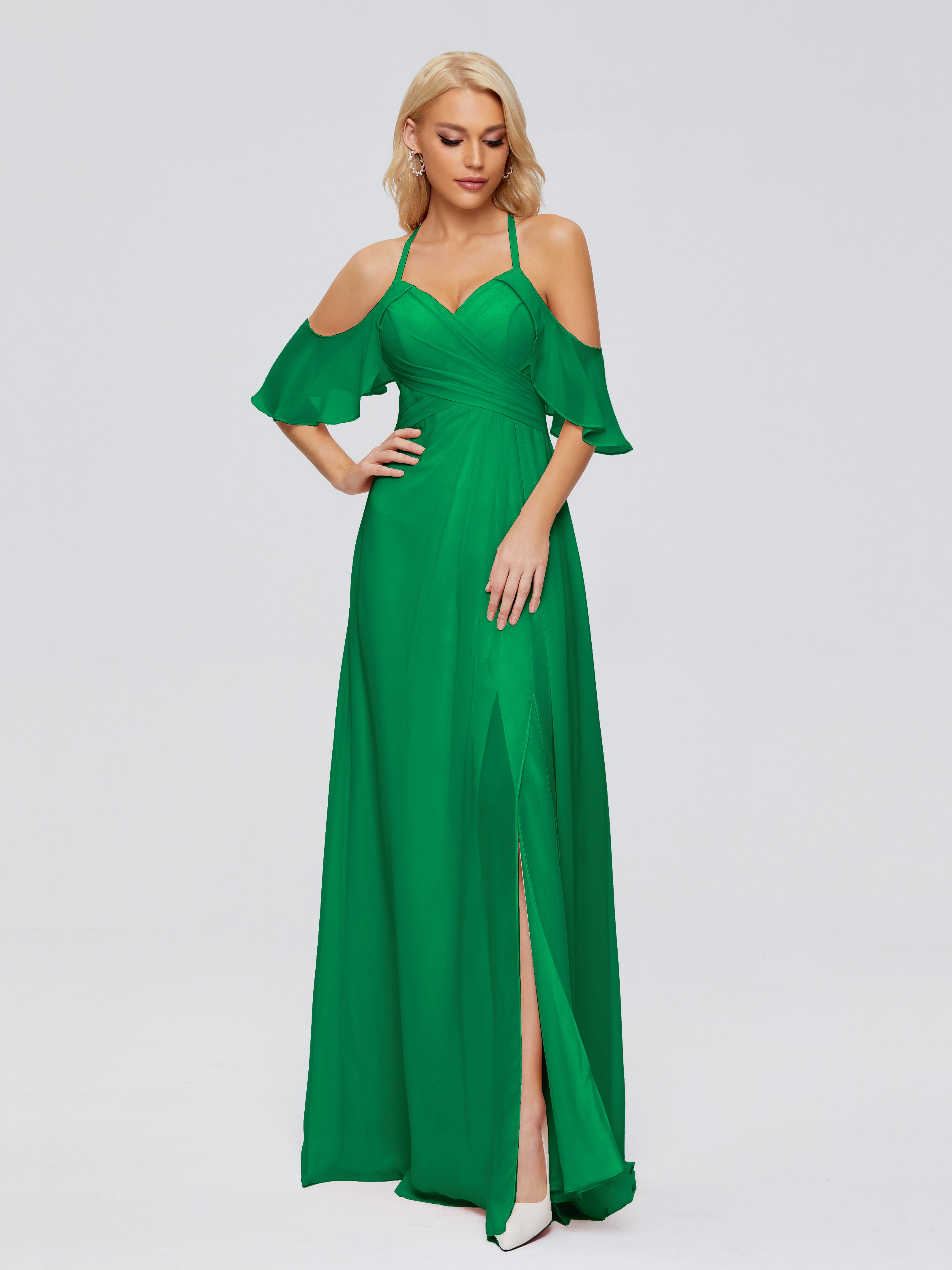 Wedding Party Robe Vert Emeraude Demoiselle D Honneur Trapèze Fendue Devant Mousseline Robes Demoiselle D'Honneur