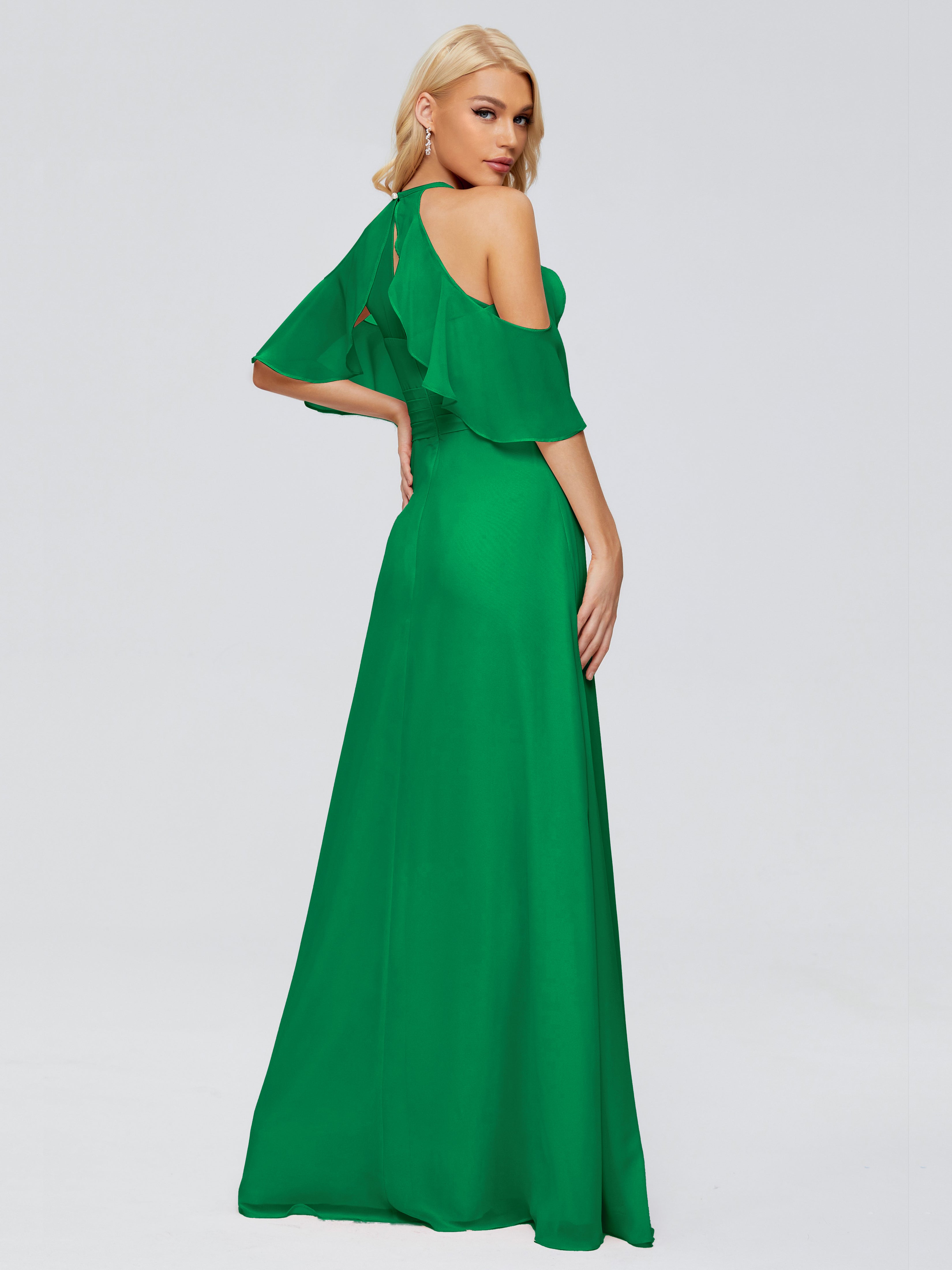 Wedding Party Robe Vert Emeraude Demoiselle D Honneur Trapèze Fendue Devant Mousseline Robes Demoiselle D'Honneur