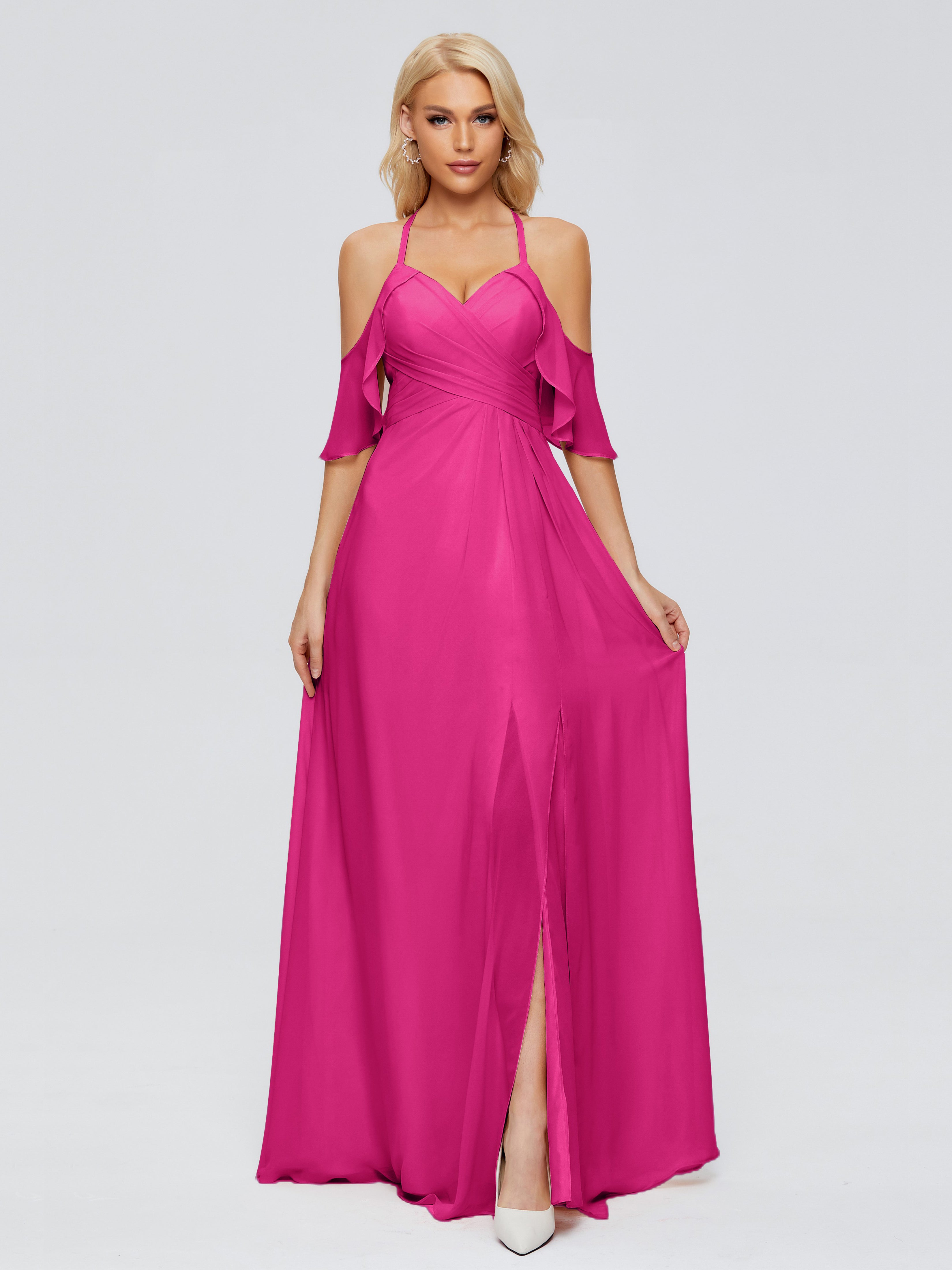 Robe Demoiselle D Honneur Rose Fuchsia Trapèze Fendue Devant Mousseline Robes Demoiselle D'Honneur