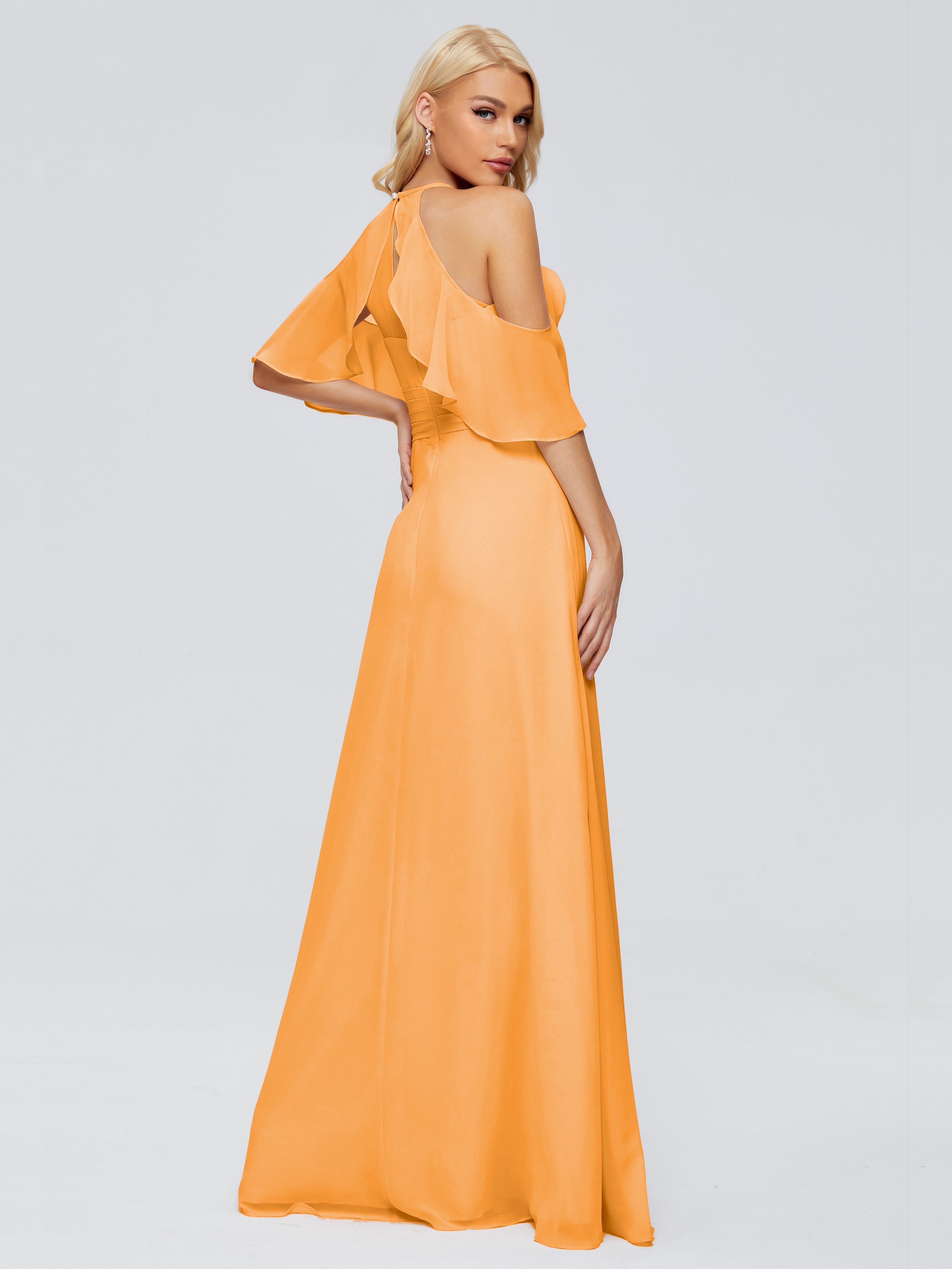 Robes De Demoiselle D'Honneur Mandarine Trapèze Fendue Devant Mousseline Robes Demoiselle D'Honneur