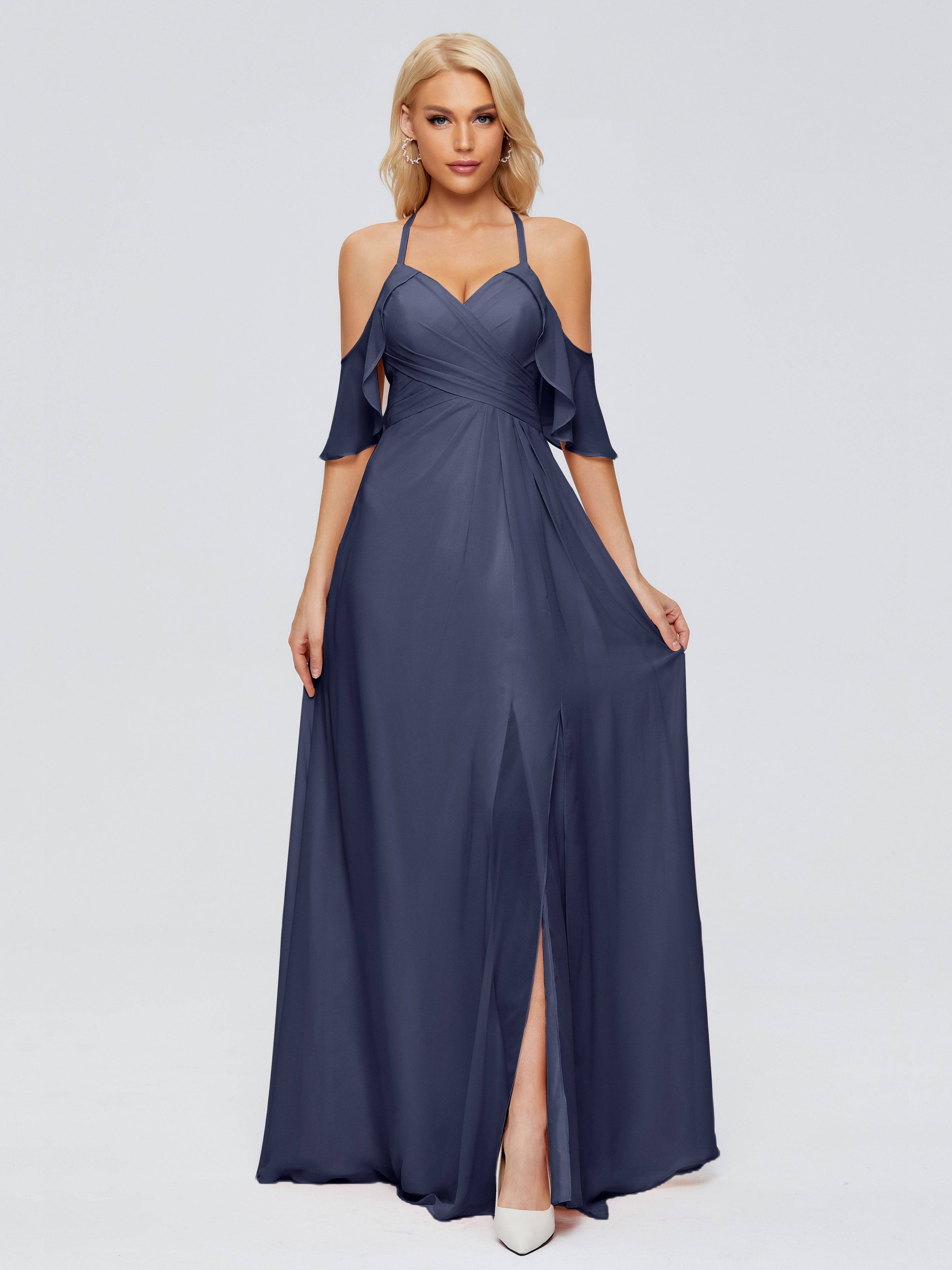 Robes De Demoiselle D'Honneur Bleu Orageux Trapèze Fendue Devant Mousseline Robes Demoiselle D'Honneur