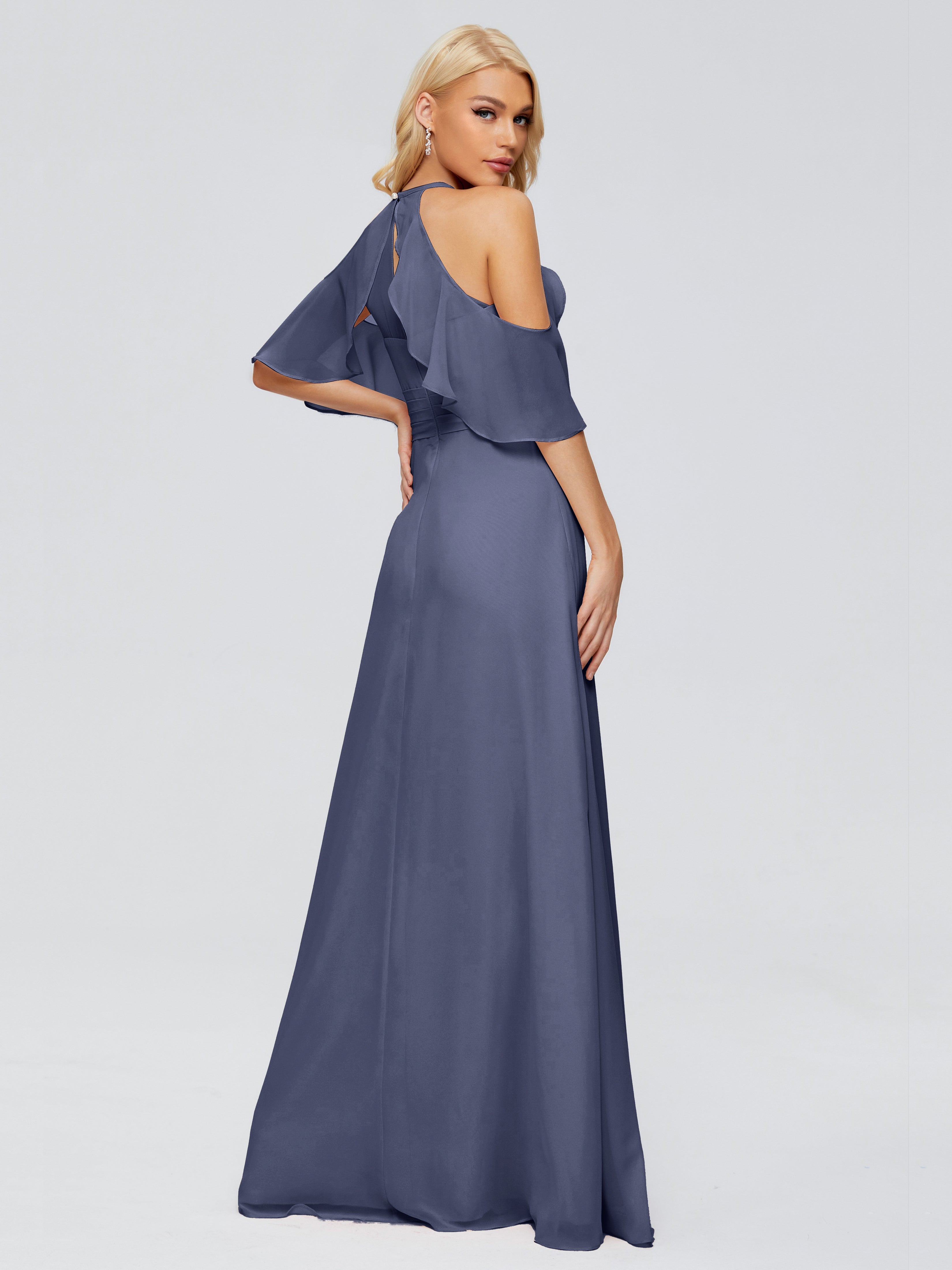 Robes De Demoiselle D'Honneur Bleu Orageux Trapèze Fendue Devant Mousseline Robes Demoiselle D'Honneur