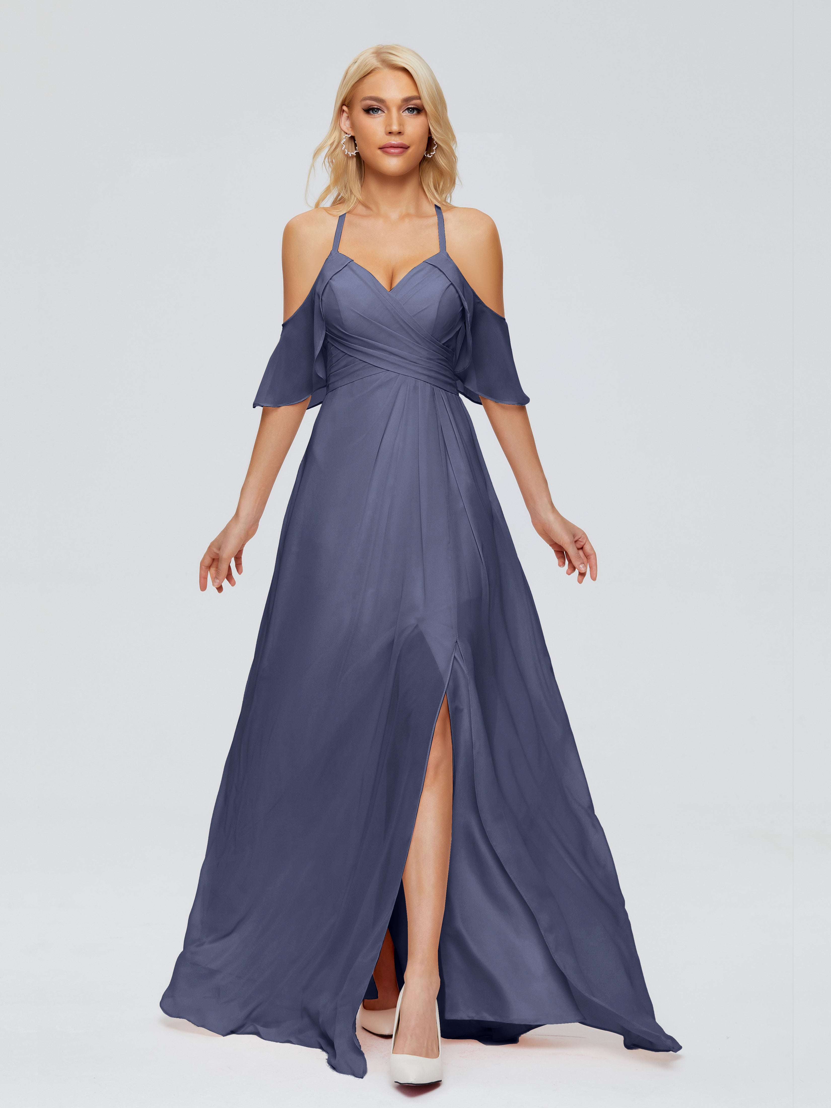 Robes De Demoiselle D'Honneur Bleu Orageux Trapèze Fendue Devant Mousseline Robes Demoiselle D'Honneur