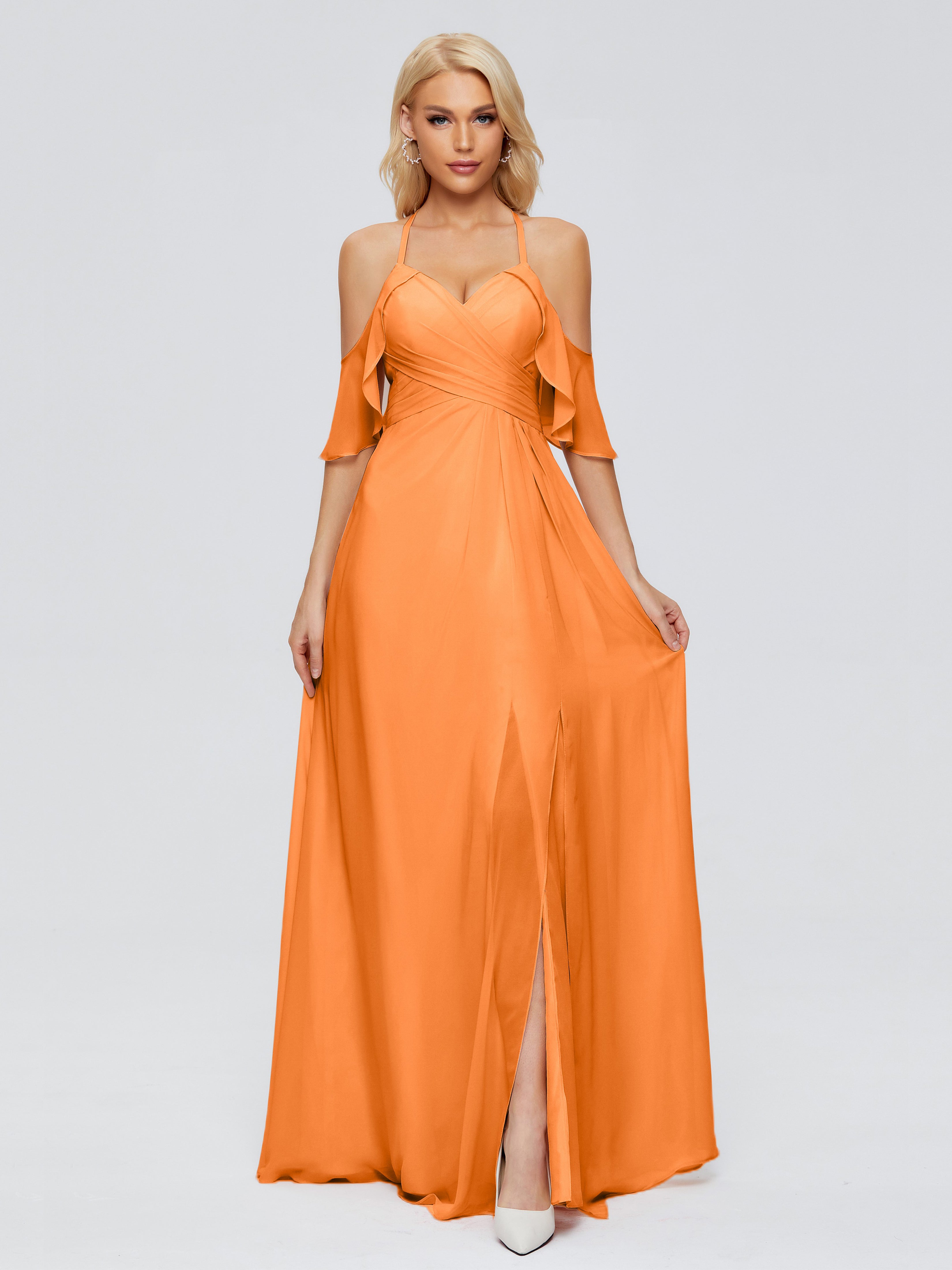 Demoiselle Dhonneur Robe Orange Trapèze Fendue Devant Mousseline Robes Demoiselle D'Honneur