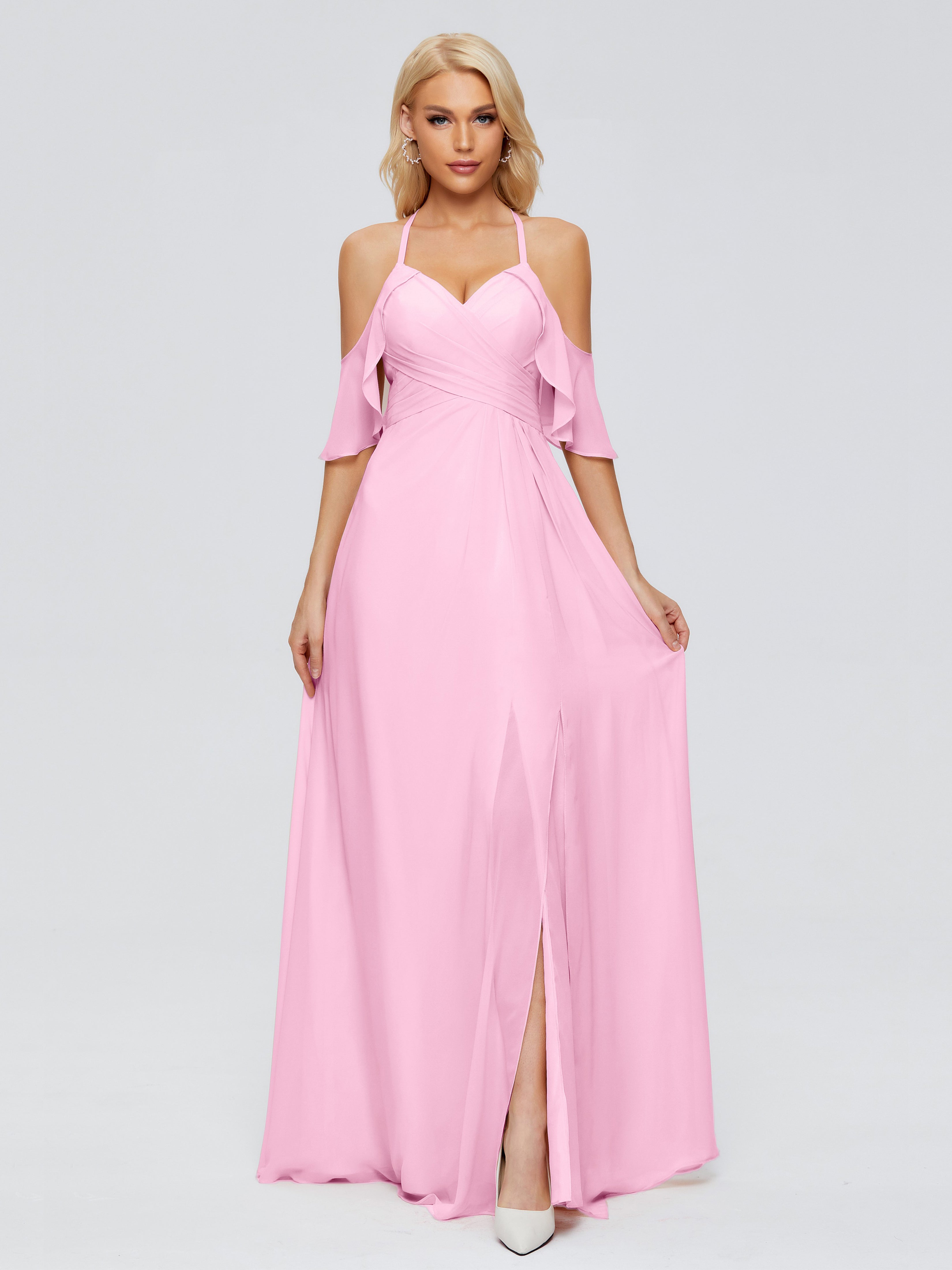 Robe Demoiselle D Honneur Rose Bonbon Trapèze Fendue Devant Mousseline Robes Demoiselle D'Honneur