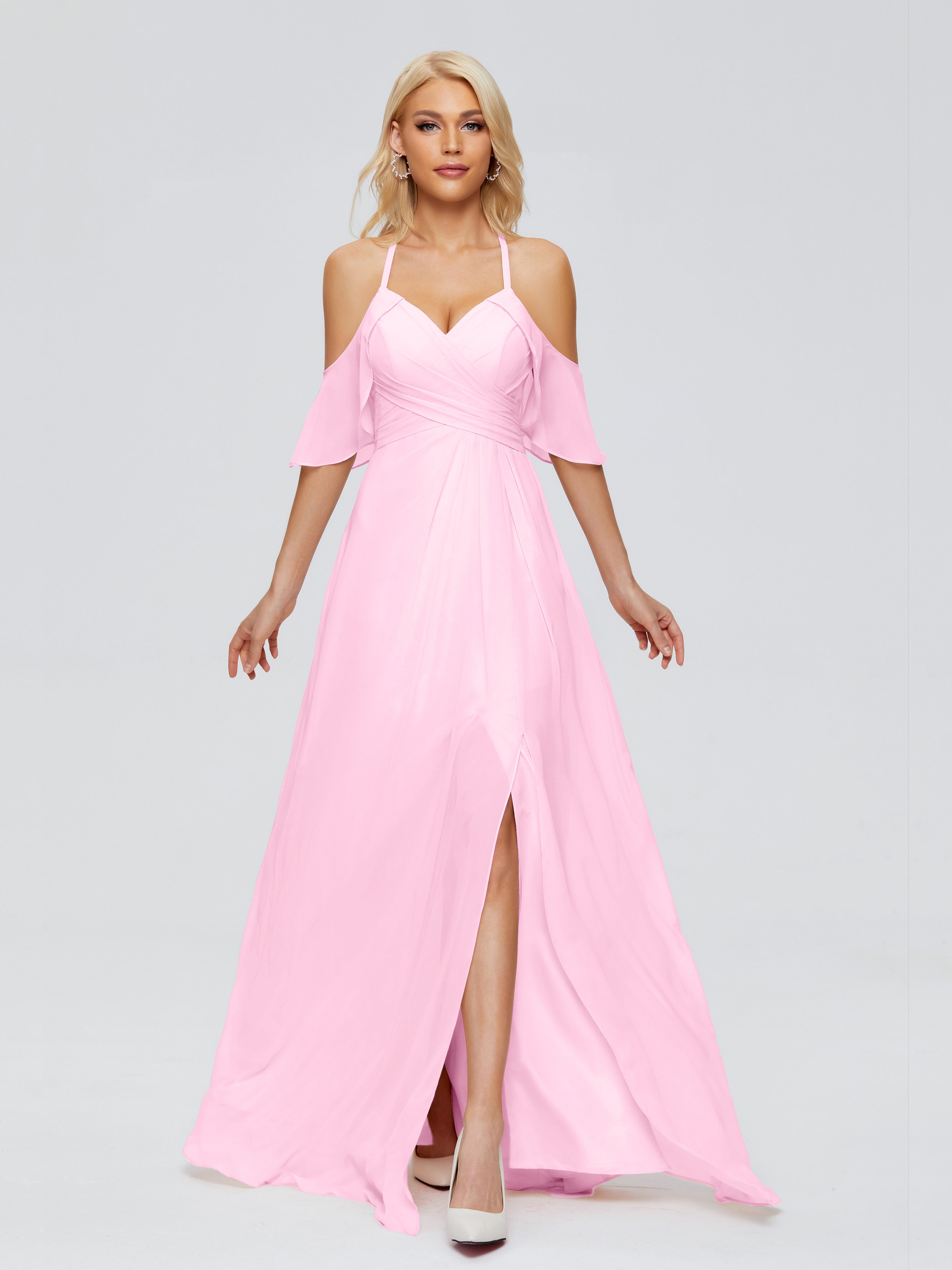Robe Demoiselle D Honneur Rose Bonbon Trapèze Fendue Devant Mousseline Robes Demoiselle D'Honneur
