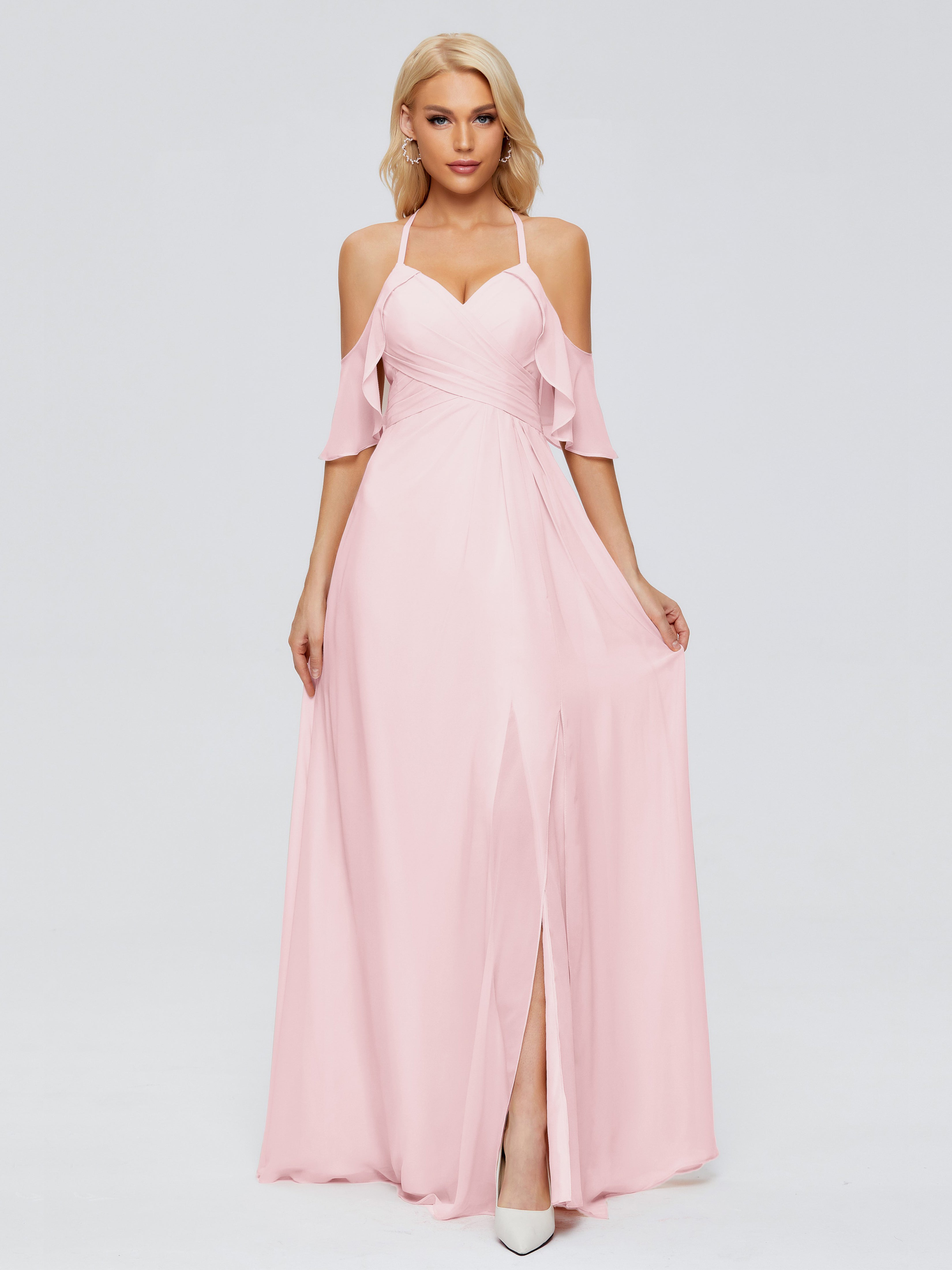 Robe Rose Pale Demoiselle D Honneur Trapèze Fendue Devant Mousseline Robes Demoiselle D'Honneur