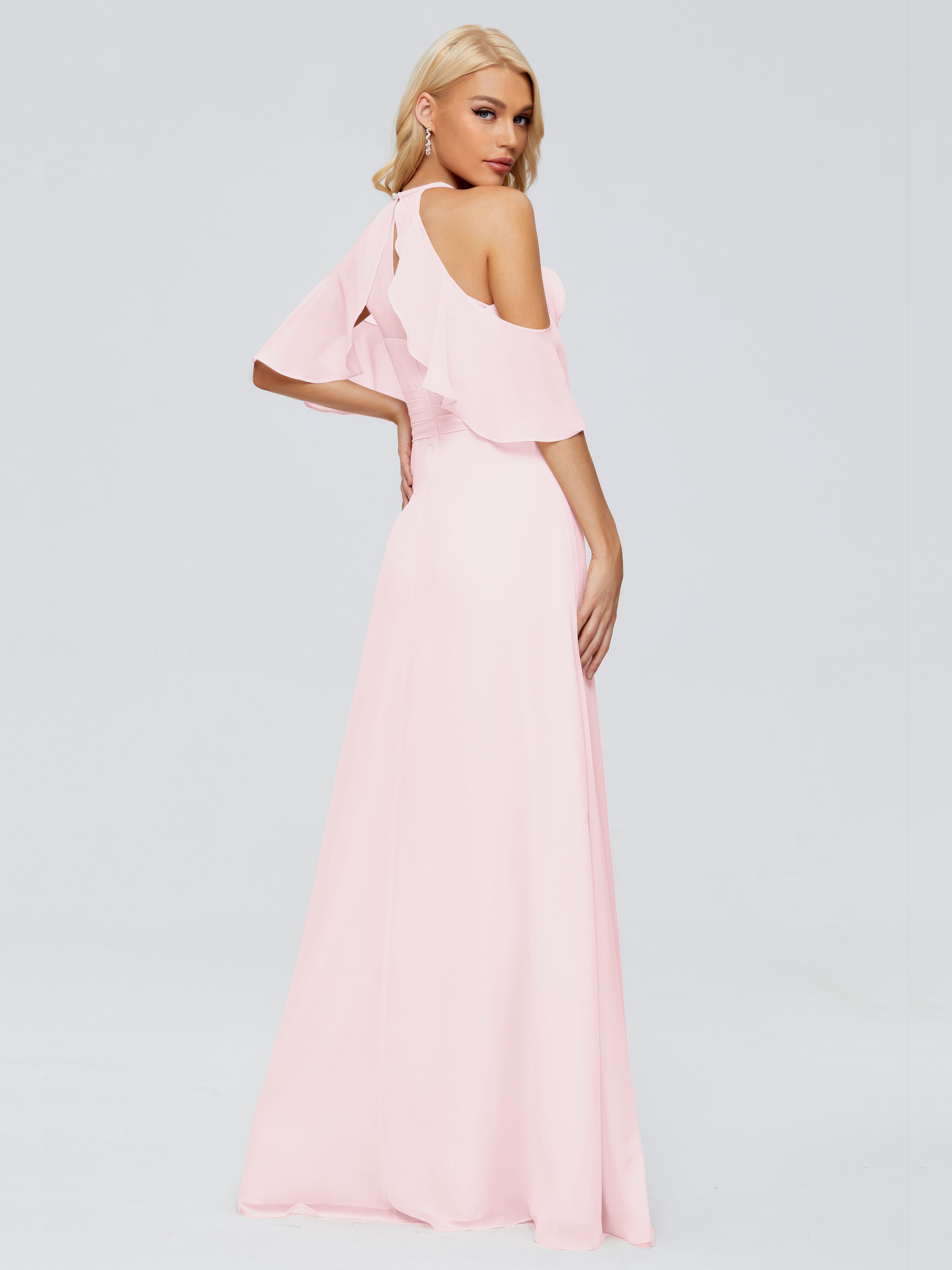 Robe Rose Pale Demoiselle D Honneur Trapèze Fendue Devant Mousseline Robes Demoiselle D'Honneur