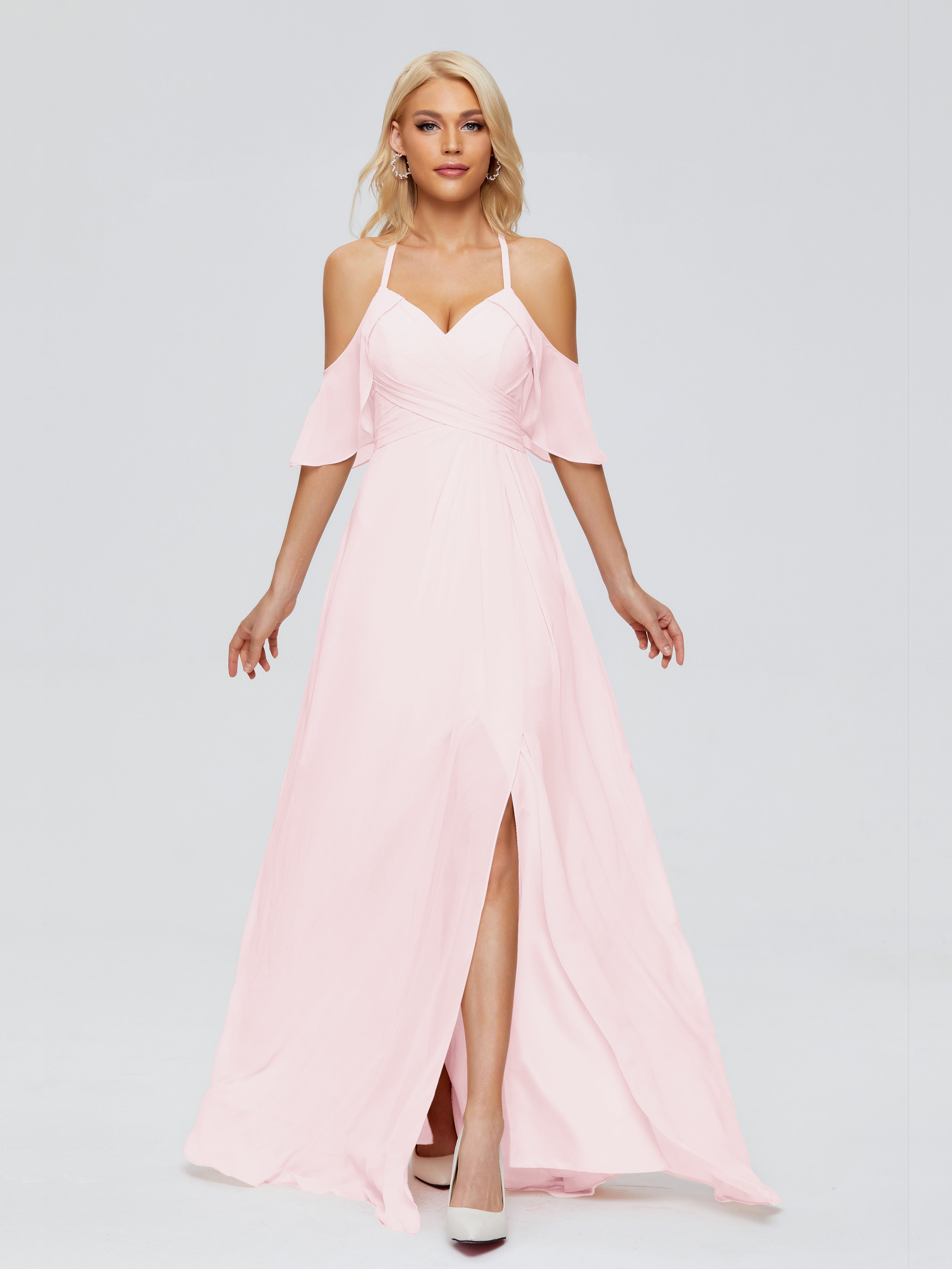 Robe Rose Pale Demoiselle D Honneur Trapèze Fendue Devant Mousseline Robes Demoiselle D'Honneur