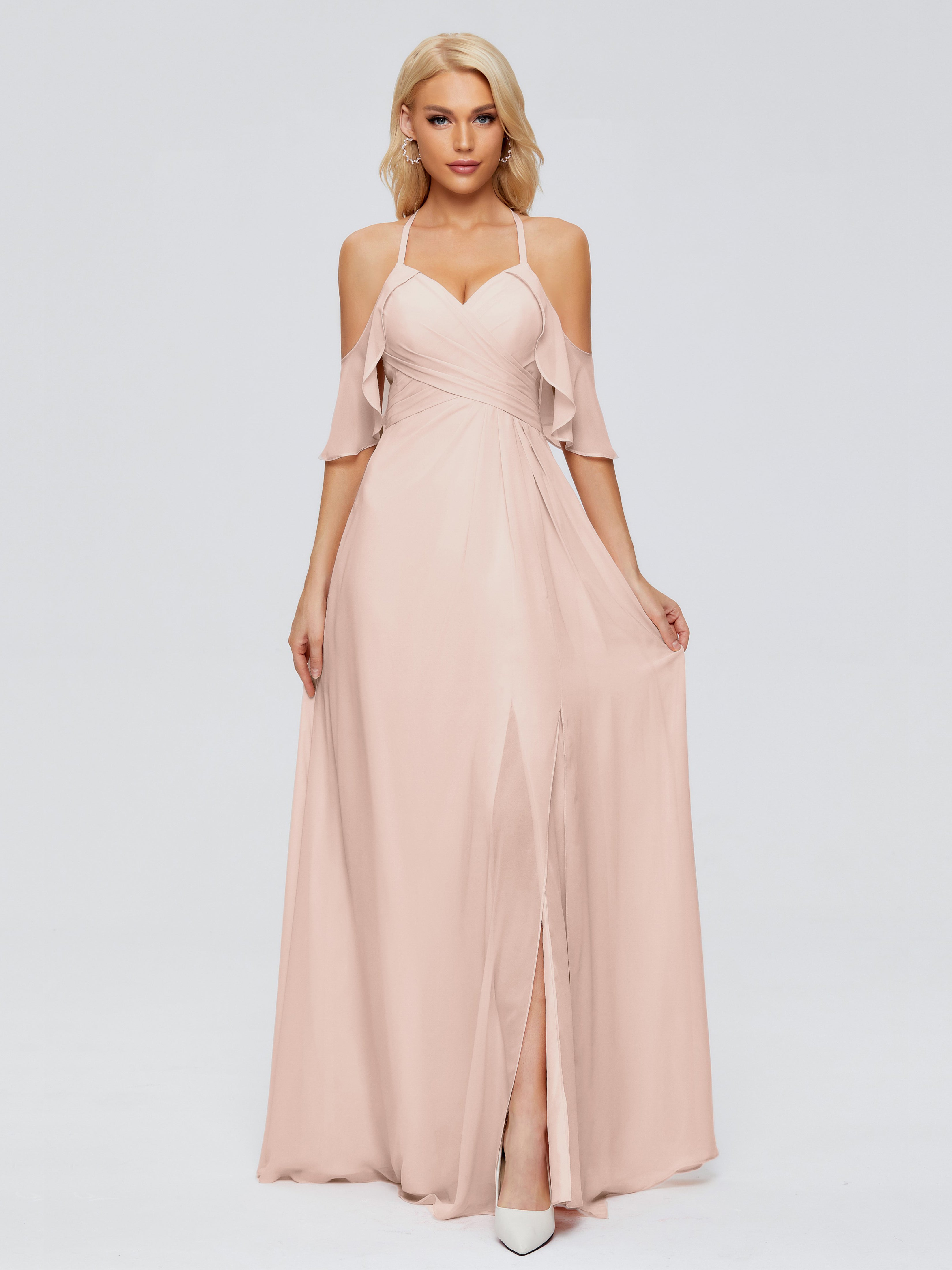 Robe Demoiselle D Honneur Rose Perle Trapèze Fendue Devant Mousseline Robes Demoiselle D'Honneur