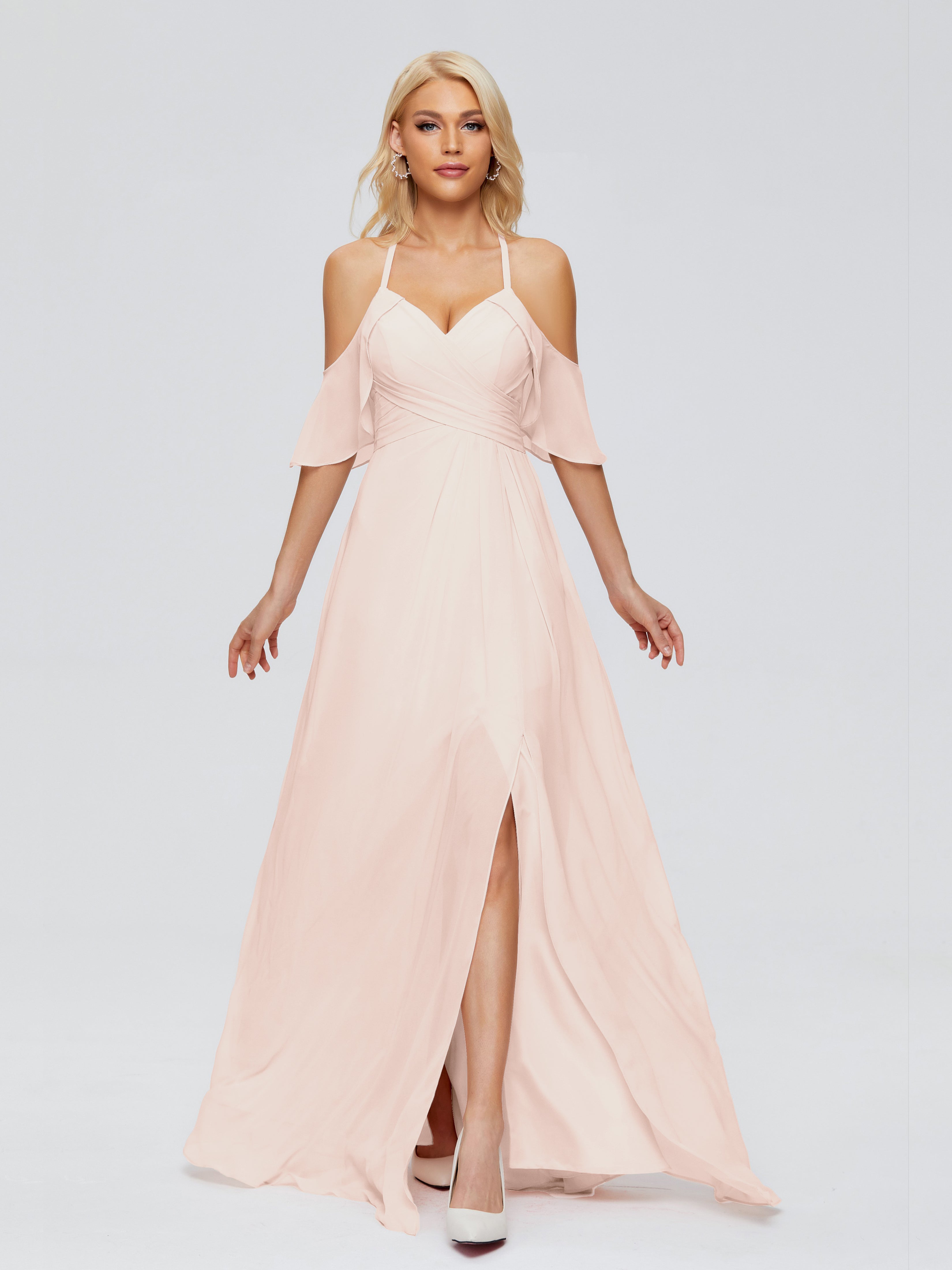 Robe Demoiselle D Honneur Rose Perle Trapèze Fendue Devant Mousseline Robes Demoiselle D'Honneur