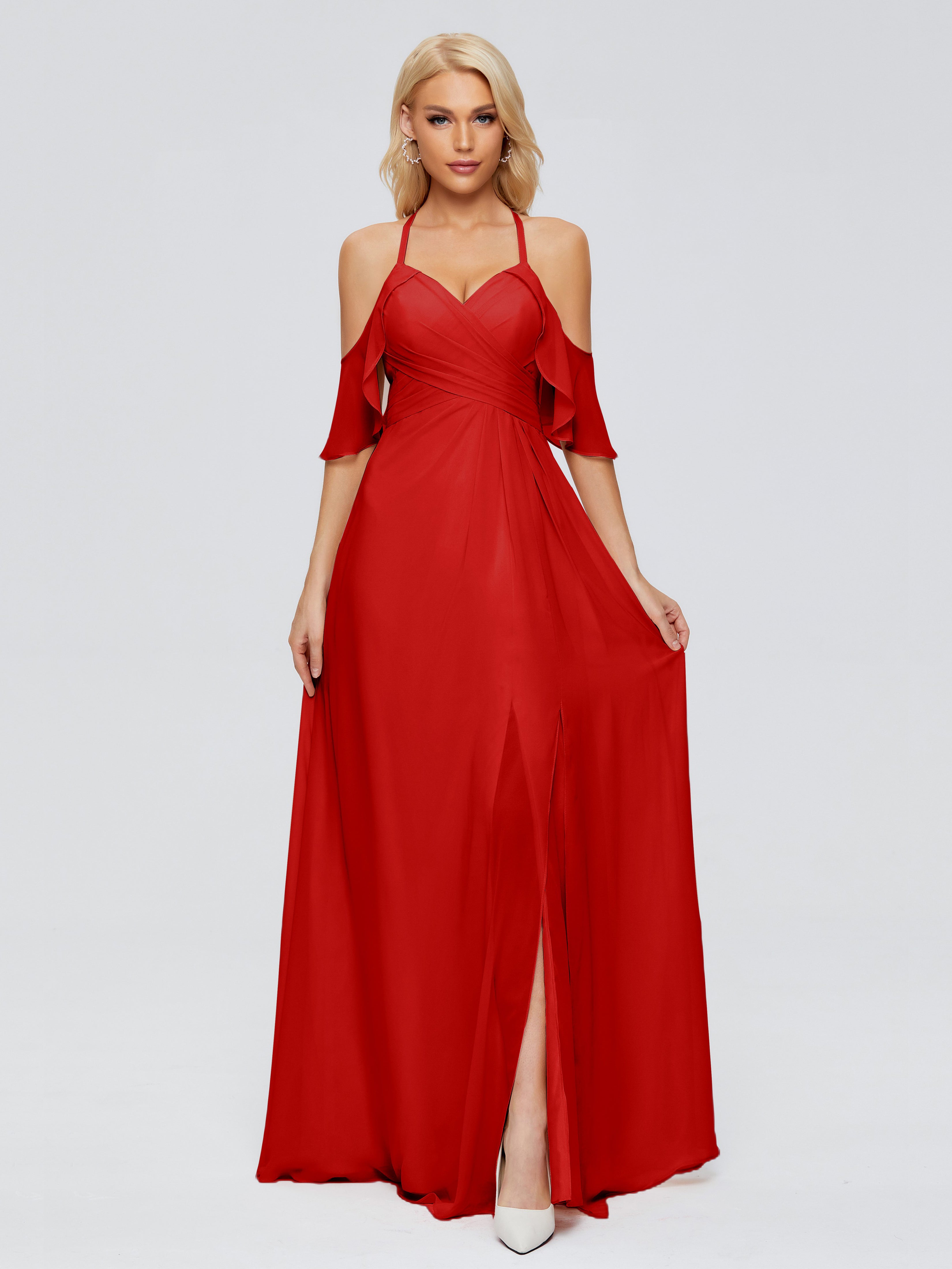 Robe Longue Rouge Demoiselle D Honneur Trapèze Fendue Devant Mousseline Robes Demoiselle D'Honneur