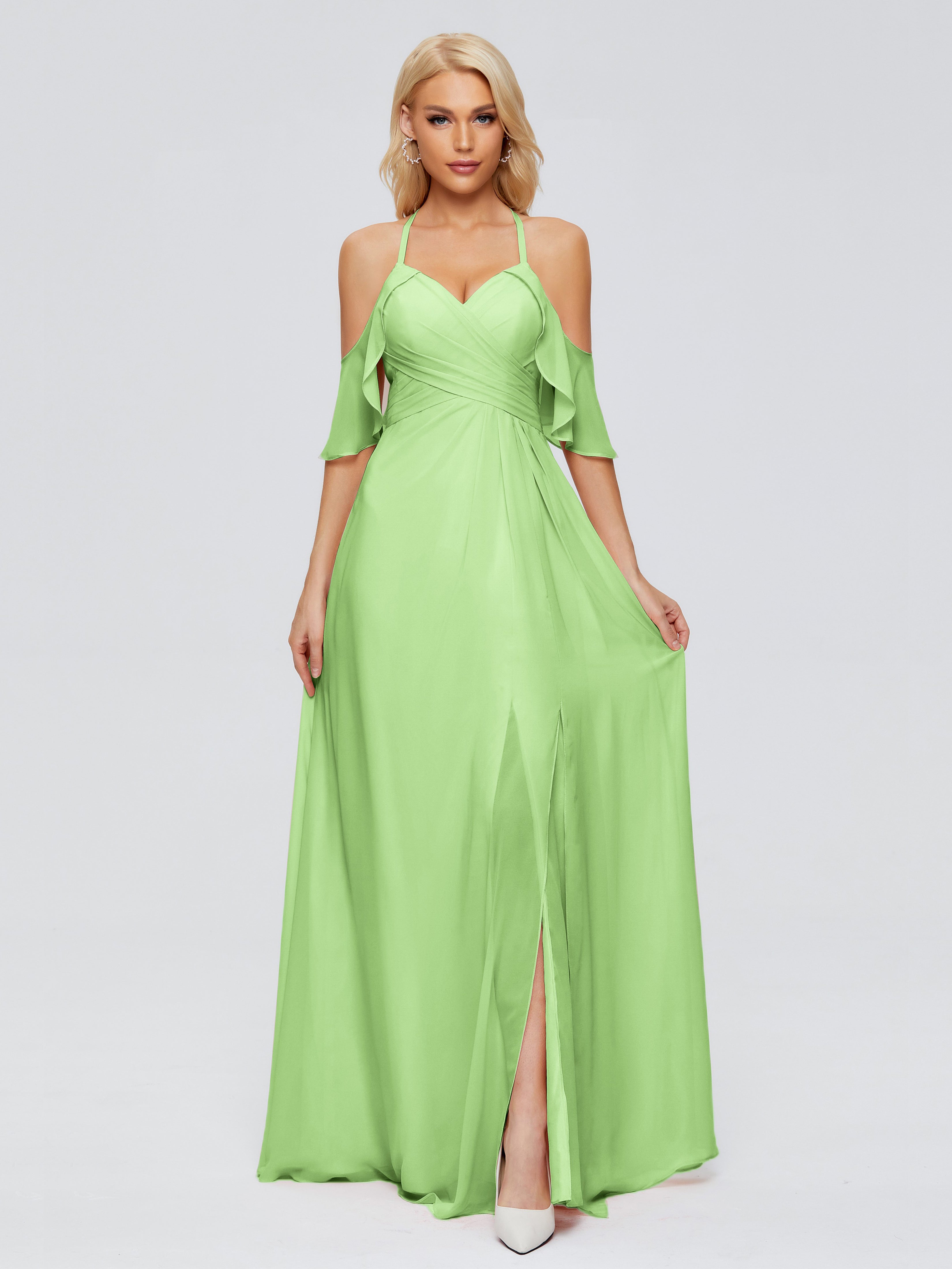 Robes De Demoiselle D'Honneur Vert Sauge Trapèze Fendue Devant Mousseline Robes Demoiselle D'Honneur