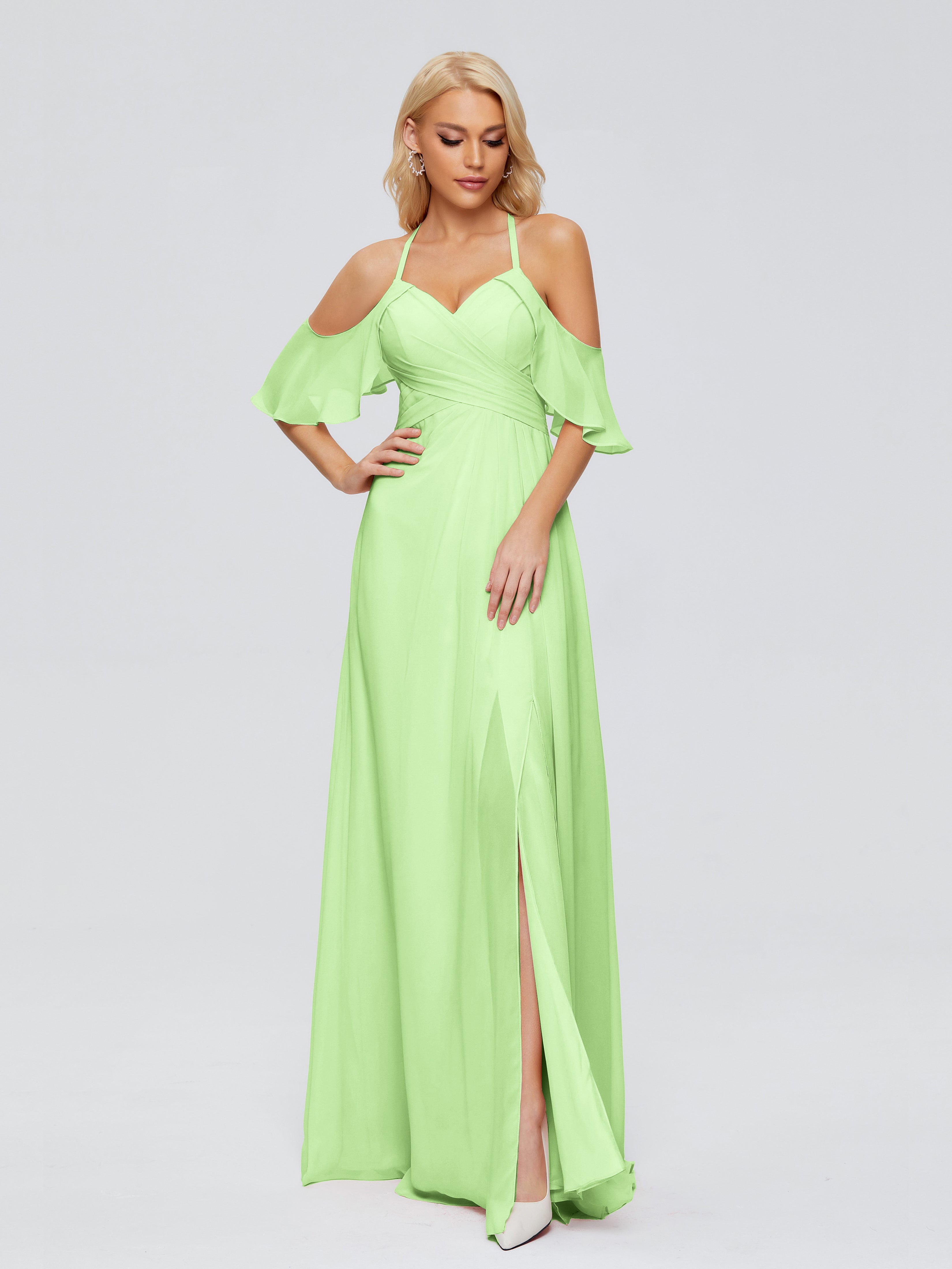 Robes De Demoiselle D'Honneur Vert Sauge Trapèze Fendue Devant Mousseline Robes Demoiselle D'Honneur
