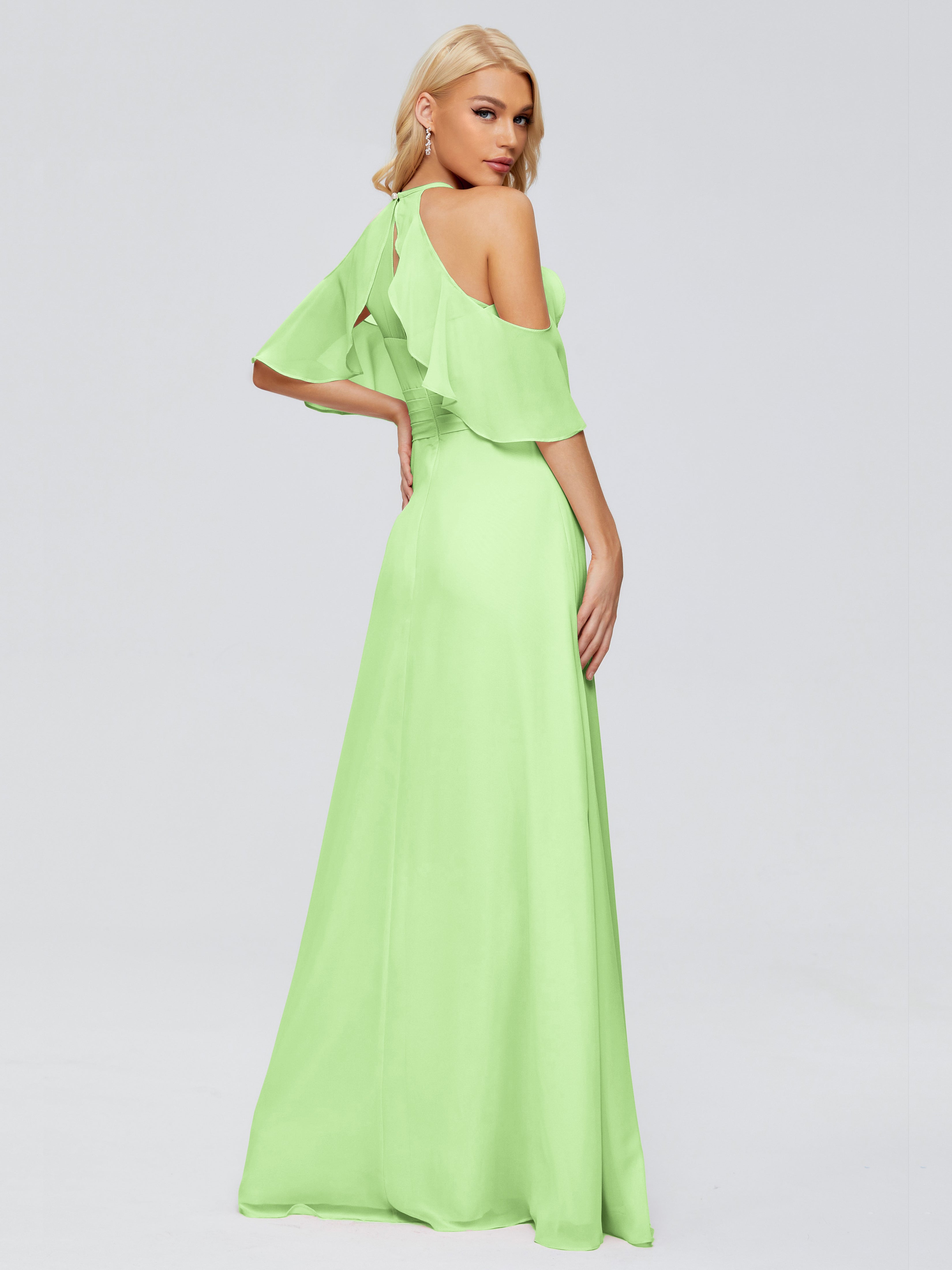 Robes De Demoiselle D'Honneur Vert Sauge Trapèze Fendue Devant Mousseline Robes Demoiselle D'Honneur