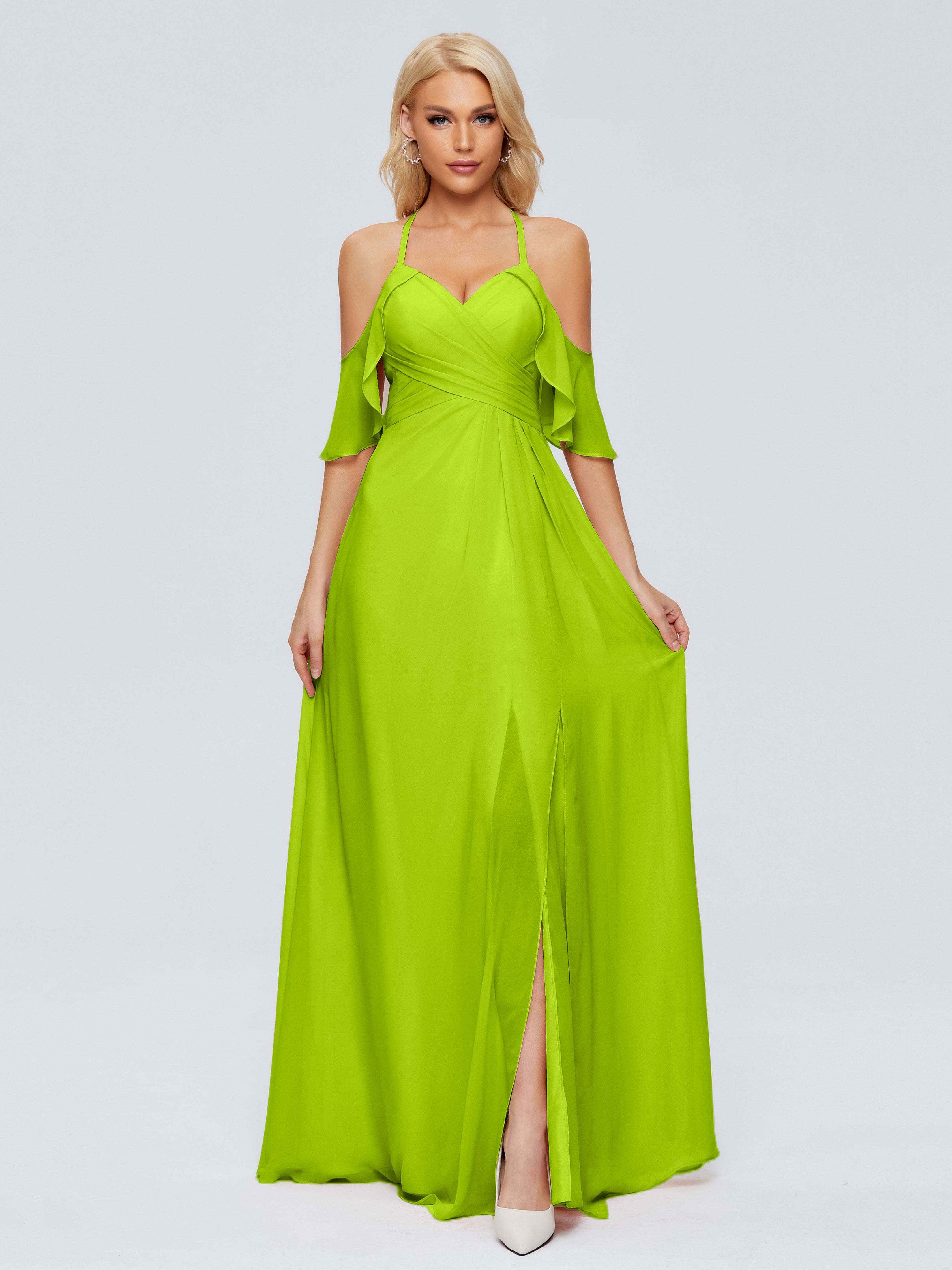 Robes De Demoiselle D'Honneur Vert Citron Trapèze Fendue Devant Mousseline Robes Demoiselle D'Honneur
