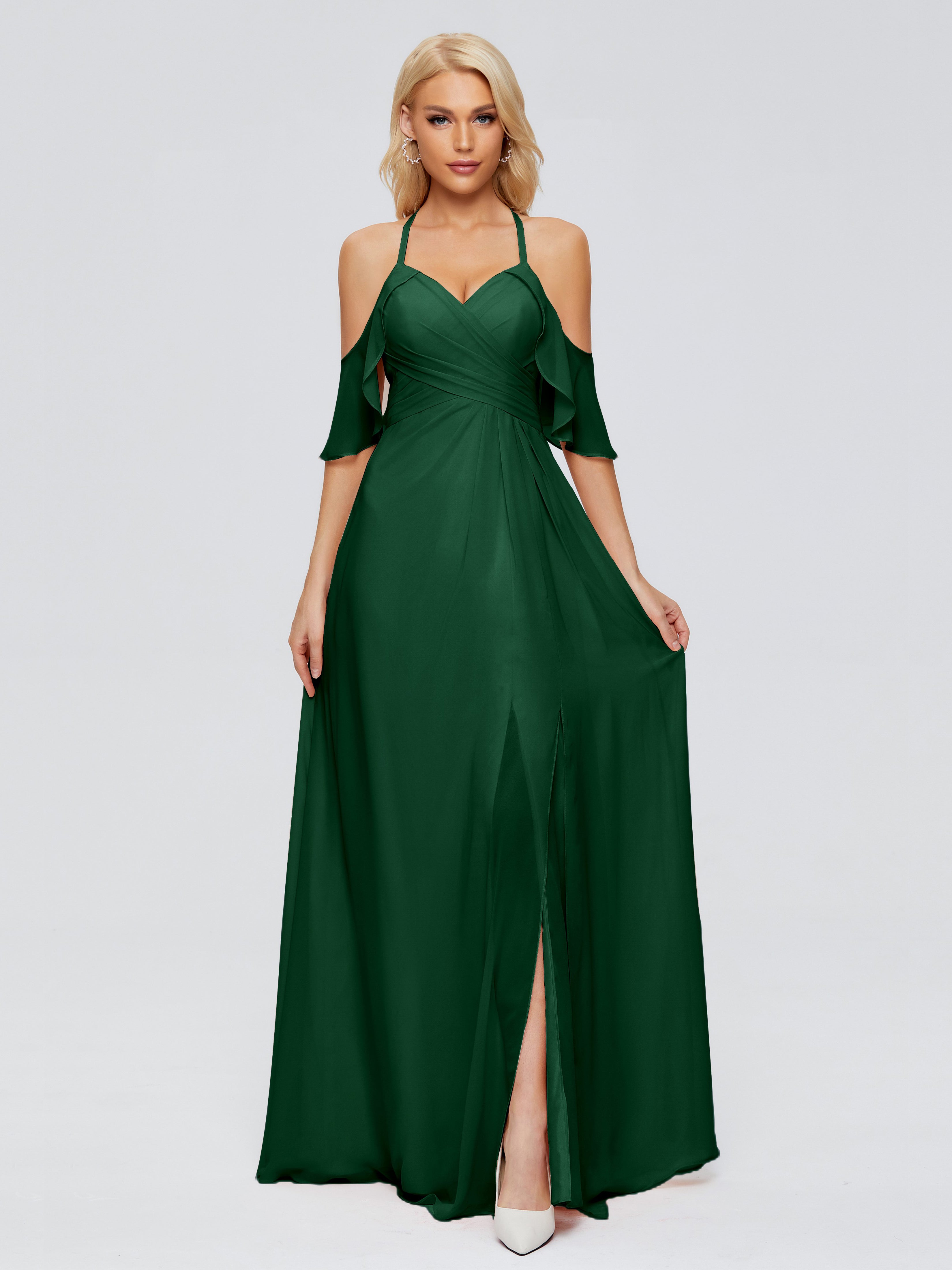 Robe Demoiselle D Honneur Vert Foncé Trapèze Fendue Devant Mousseline Robes Demoiselle D'Honneur