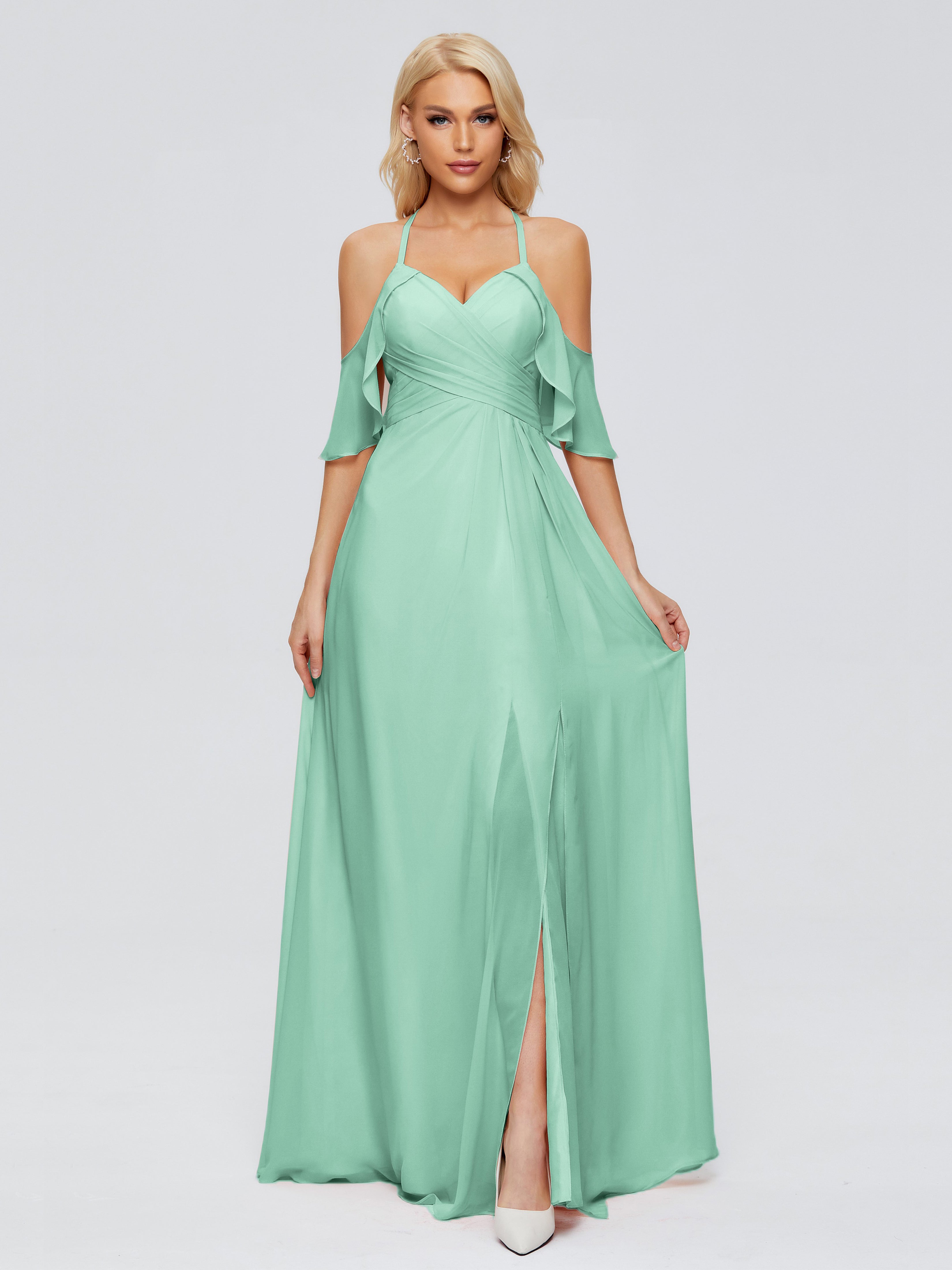 Robe Demoiselle D Honneur Menthe Trapèze Fendue Devant Mousseline Robes Demoiselle D'Honneur