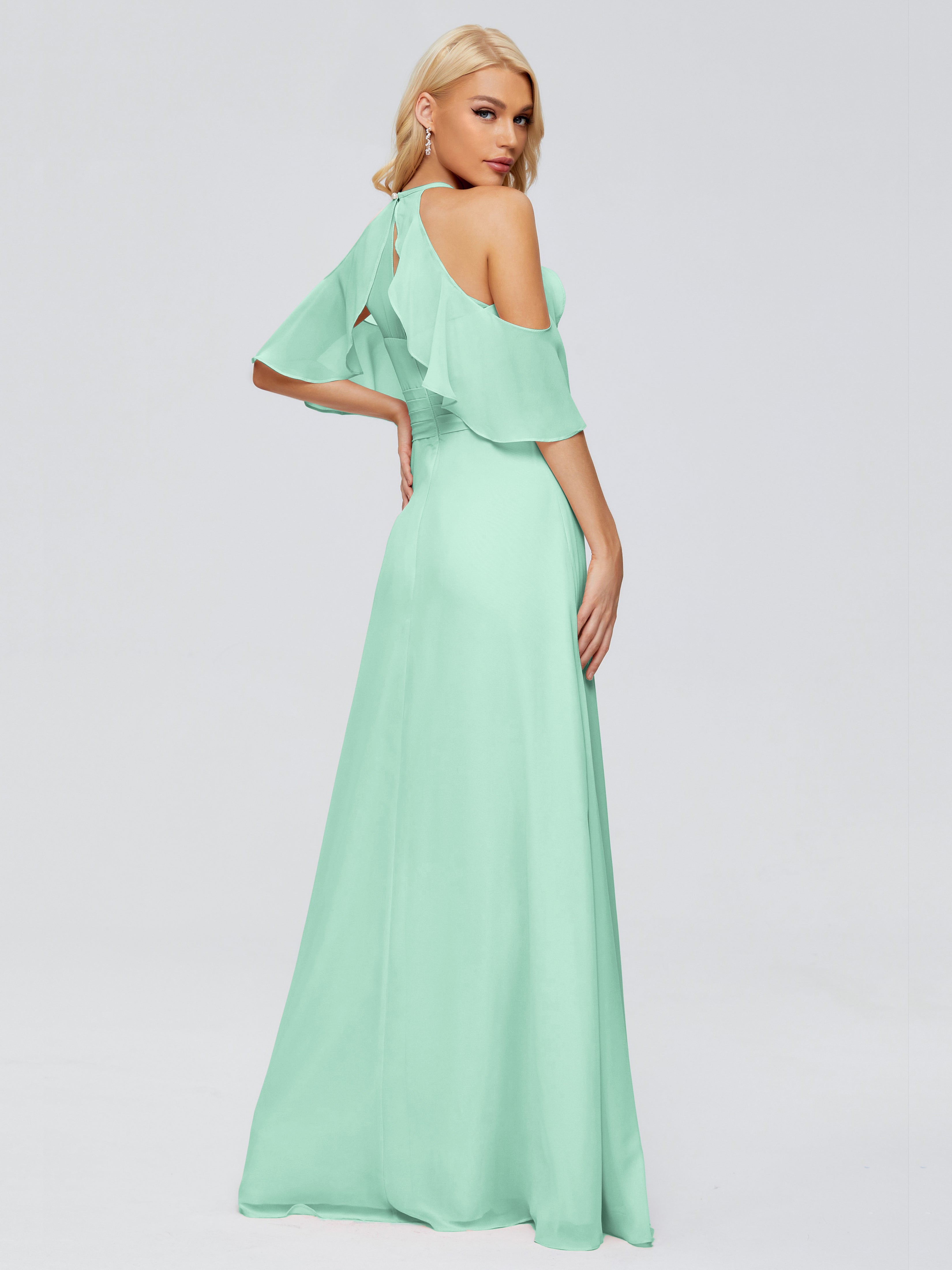 Robe Demoiselle D Honneur Menthe Trapèze Fendue Devant Mousseline Robes Demoiselle D'Honneur