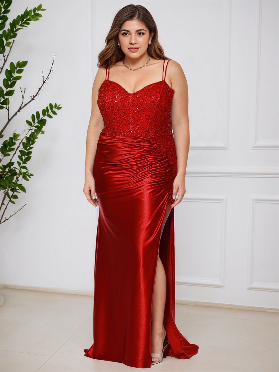 Cicinia Rouge Robe de Bal Longue Fourreau Bretelles Spaghetti à Traîne Grande Taille