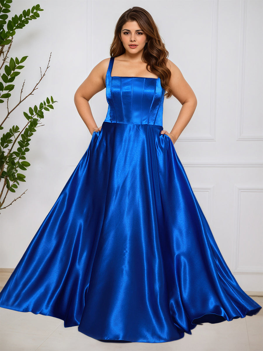 Cicinia BLEU_ROYALE Robe de Bal Longue Simple Col Carré Silhouette A-Ligne Grande Taille