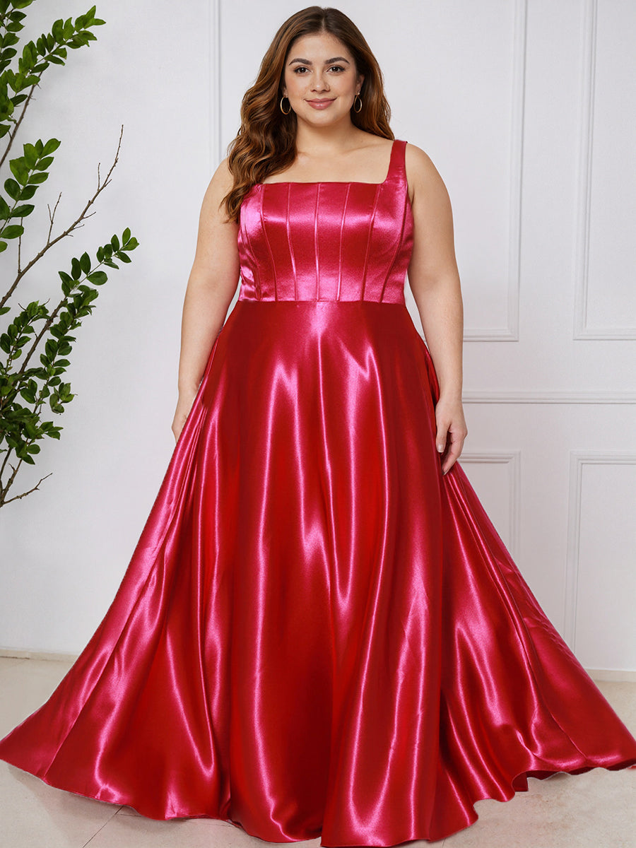 Cicinia FUCHSIA Robe de Bal Longue Simple Col Carré Silhouette A-Ligne Grande Taille