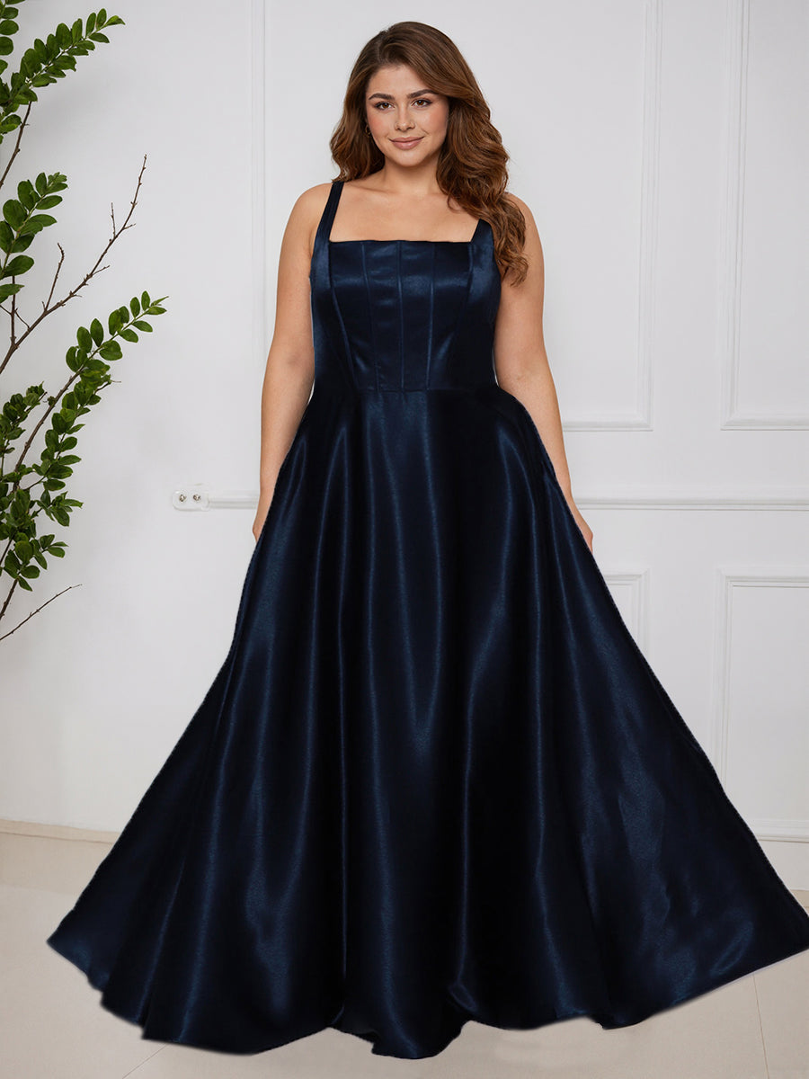 Cicinia Bleu Marine Robe de Bal Longue Simple Col Carré Silhouette A-Ligne Grande Taille