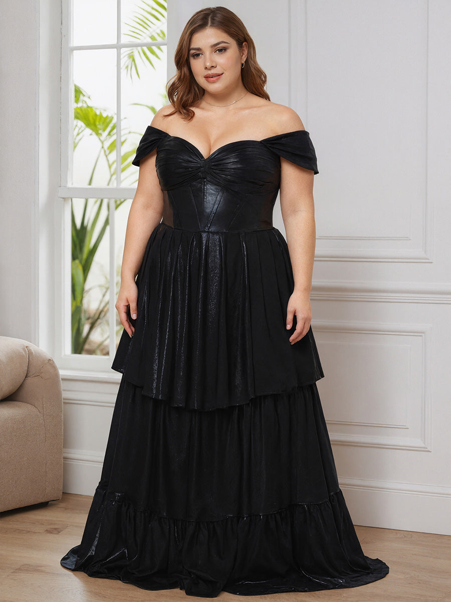 Cicinia Noir Robe de Bal Longue Traîne Épaules Dénudées Grande Taille