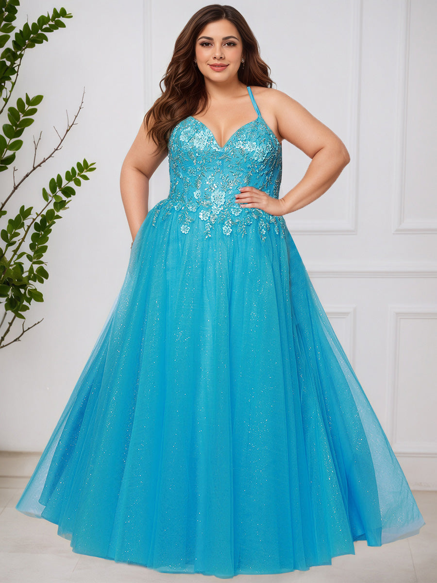 Cicinia Bleu Crème Robe de Bal Longue Fluide à Bretelles Fines en Dentelle et Tulle Grande Taille