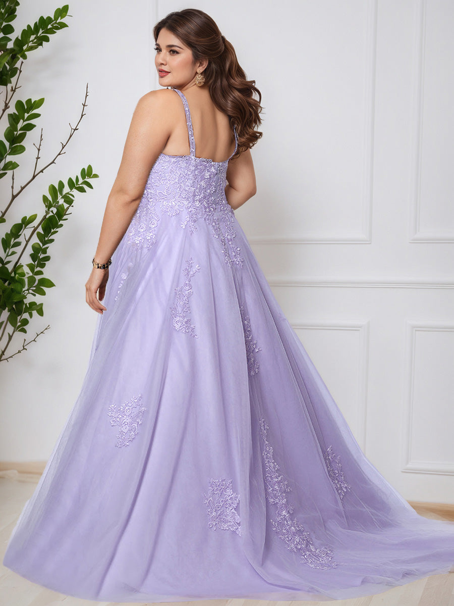 Cicinia Lilas Robe de Bal Dentelle Tulle Profond Décolleté en V Sans Manches Longue Princesse Grande Taille