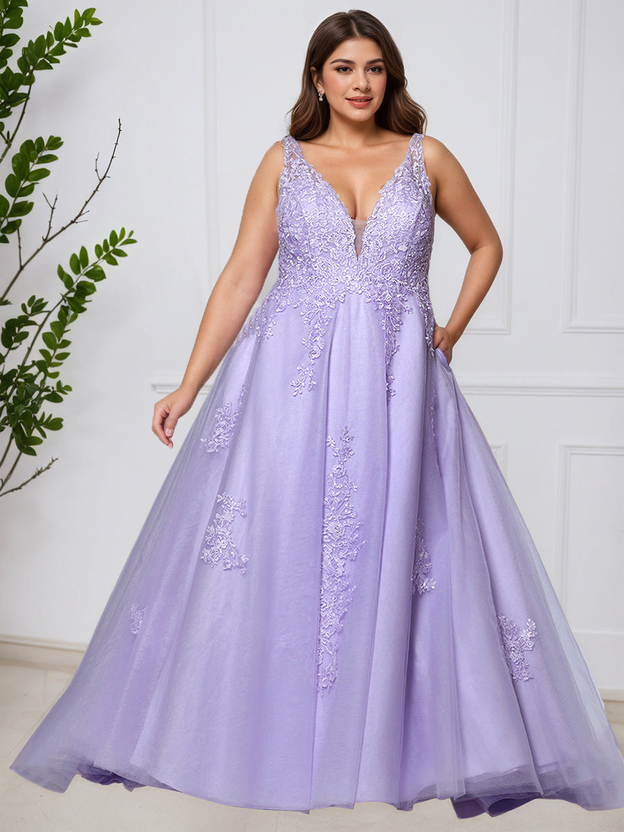 Cicinia Lilas Robe de Bal Dentelle Tulle Profond Décolleté en V Sans Manches Longue Princesse Grande Taille