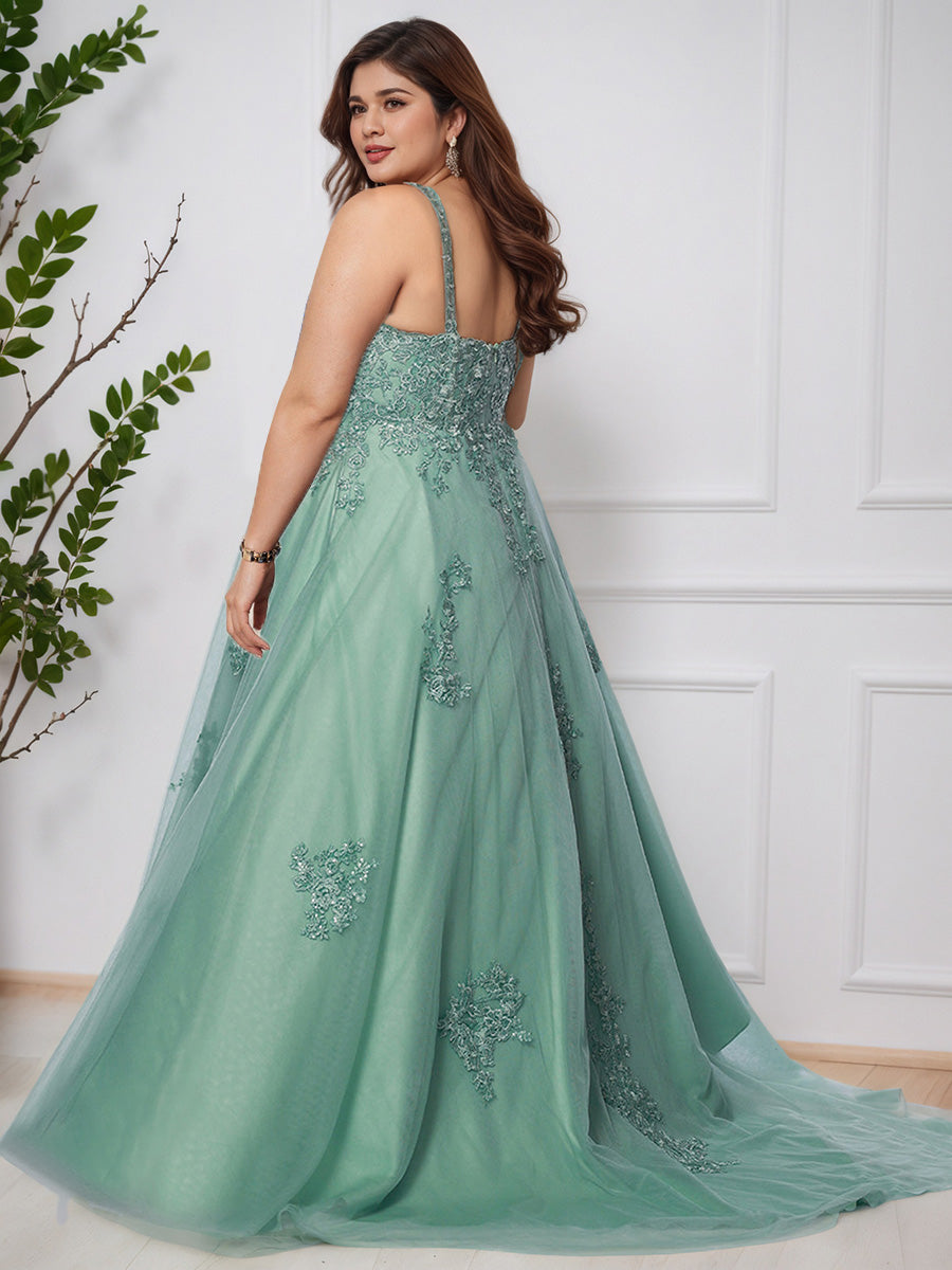 Cicinia Jade Robe de Bal Dentelle Tulle Profond Décolleté en V Sans Manches Longue Princesse Grande Taille