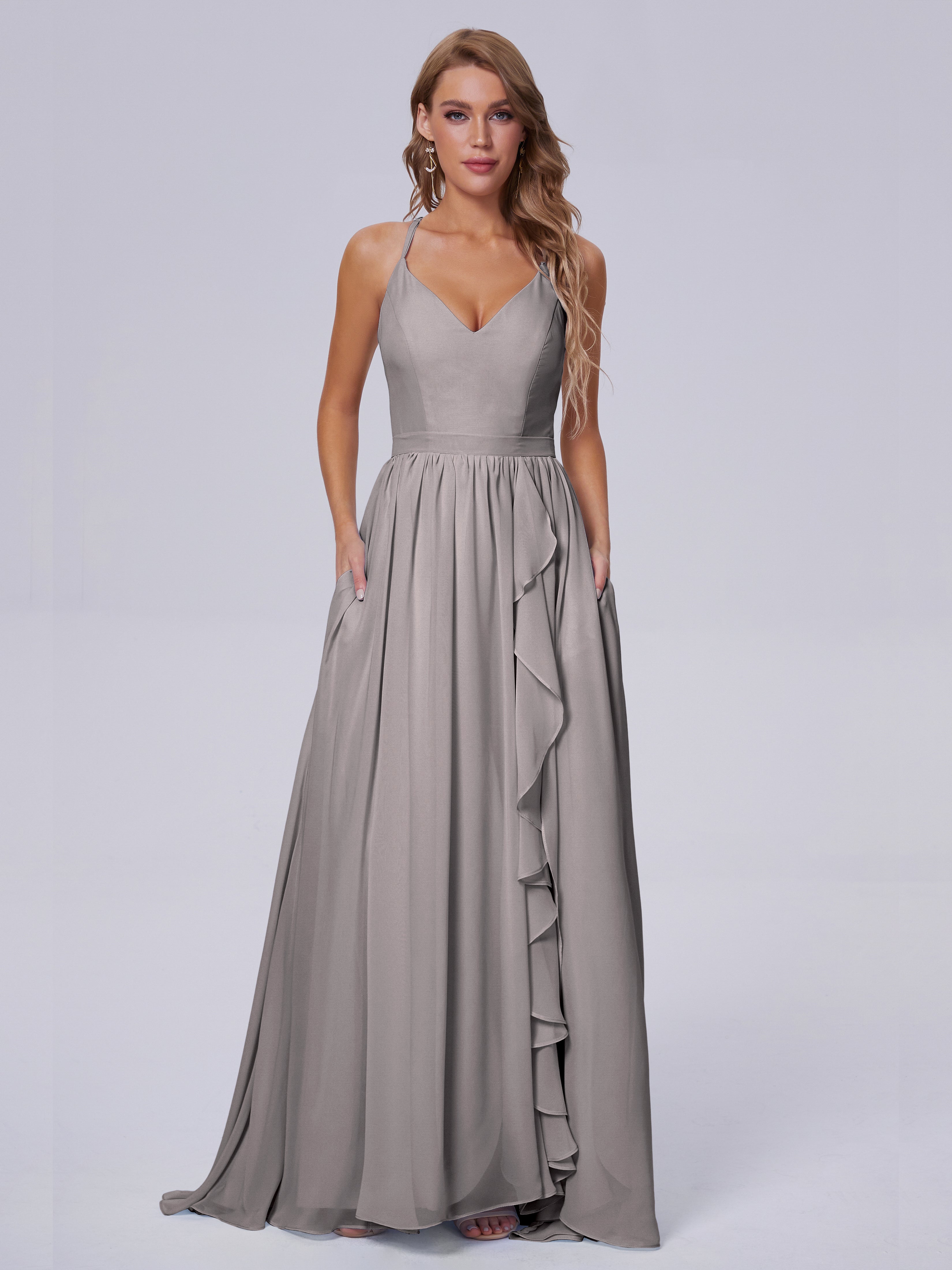 Robes De Demoiselle D'Honneur En Argent Asymétrique Mousseline Robes Demoiselle D'Honneur