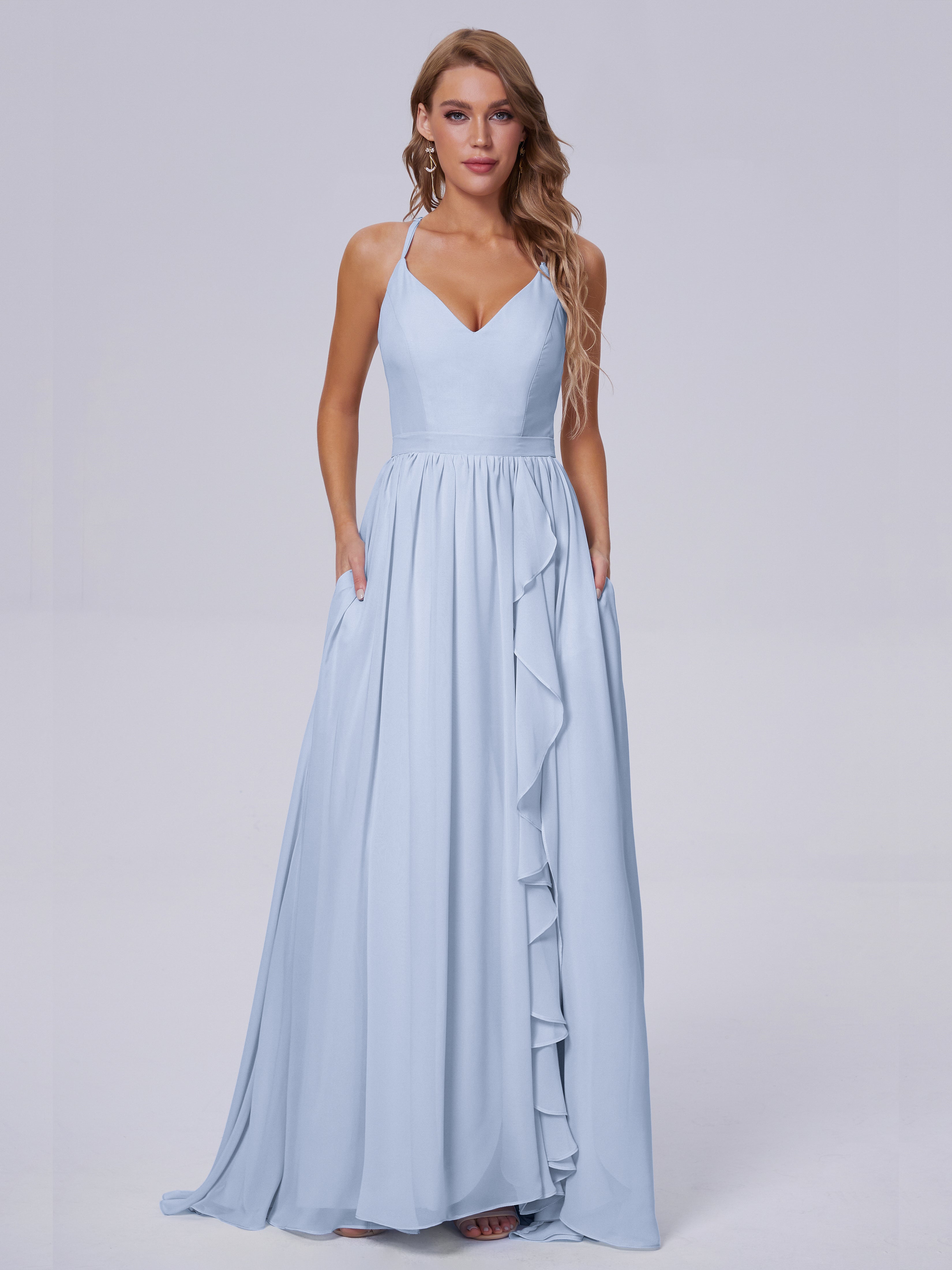 Robe De Demoiselle D Honneur Bleu Ciel Asymétrique Mousseline Robes Demoiselle D'Honneur
