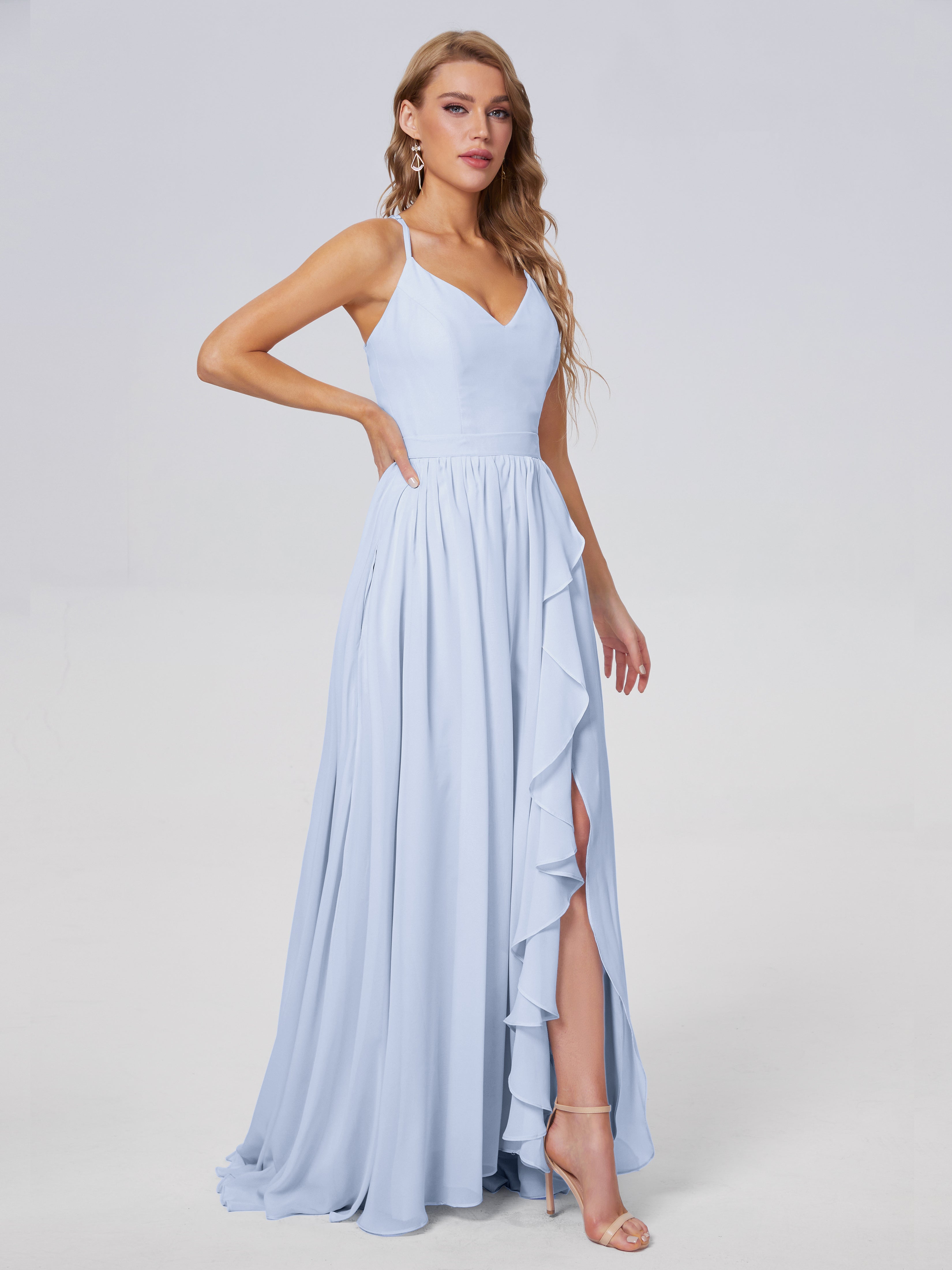 Robe De Demoiselle D Honneur Bleu Ciel Asymétrique Mousseline Robes Demoiselle D'Honneur