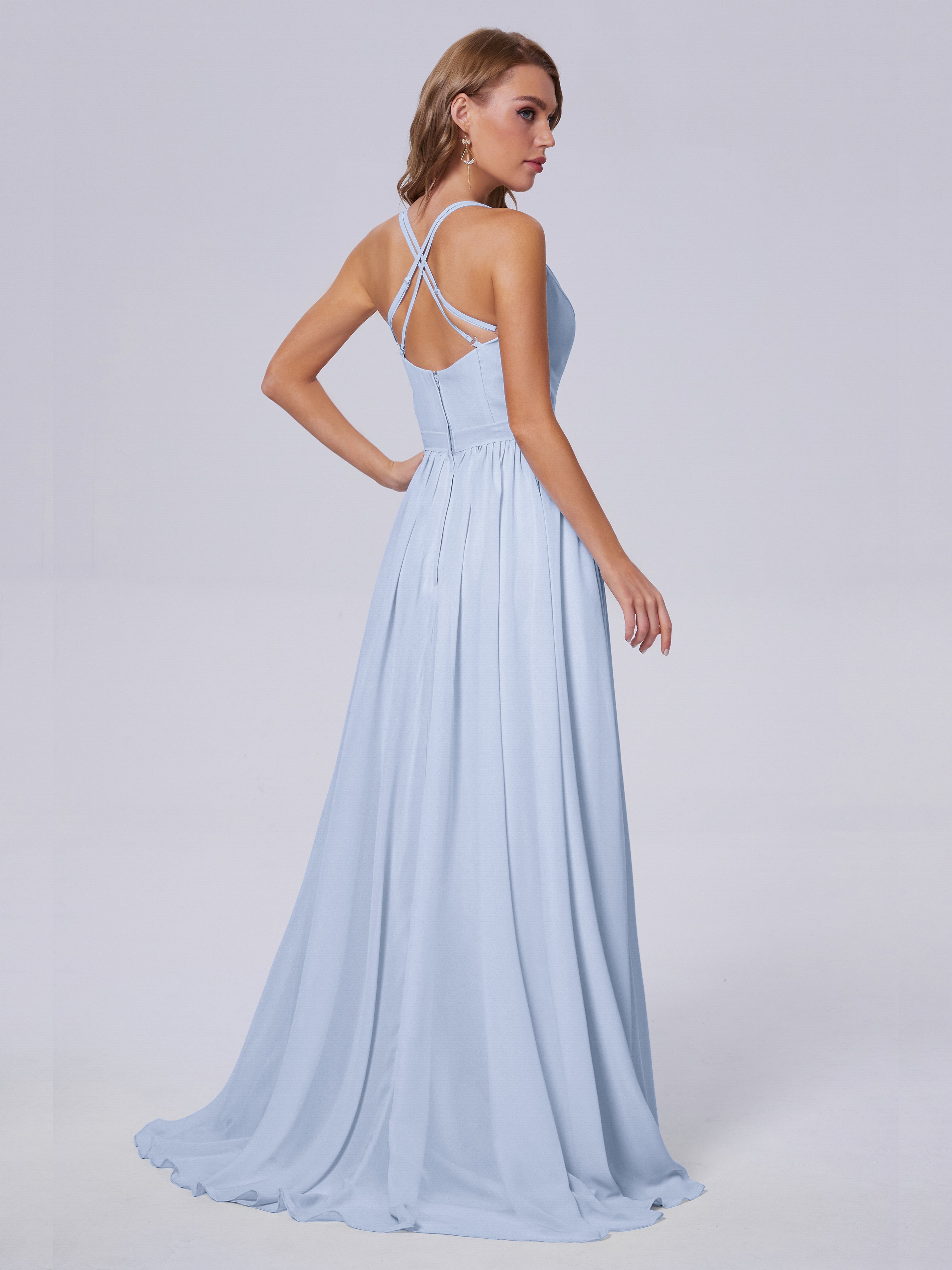Robe De Demoiselle D Honneur Bleu Ciel Asymétrique Mousseline Robes Demoiselle D'Honneur