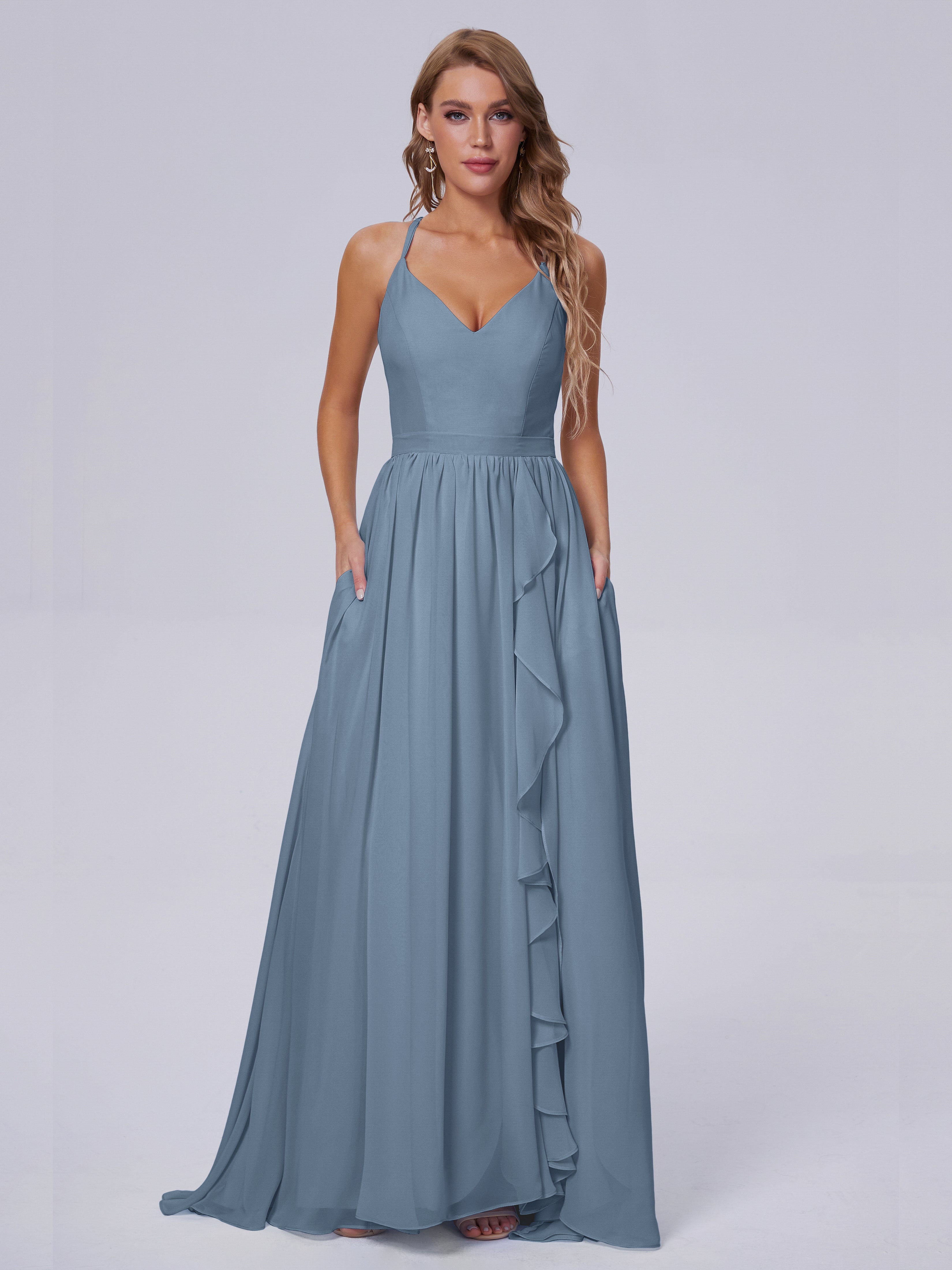 Robes De Demoiselle D'Honneur Bleu De Schiste Asymétrique Mousseline Robes Demoiselle D'Honneur