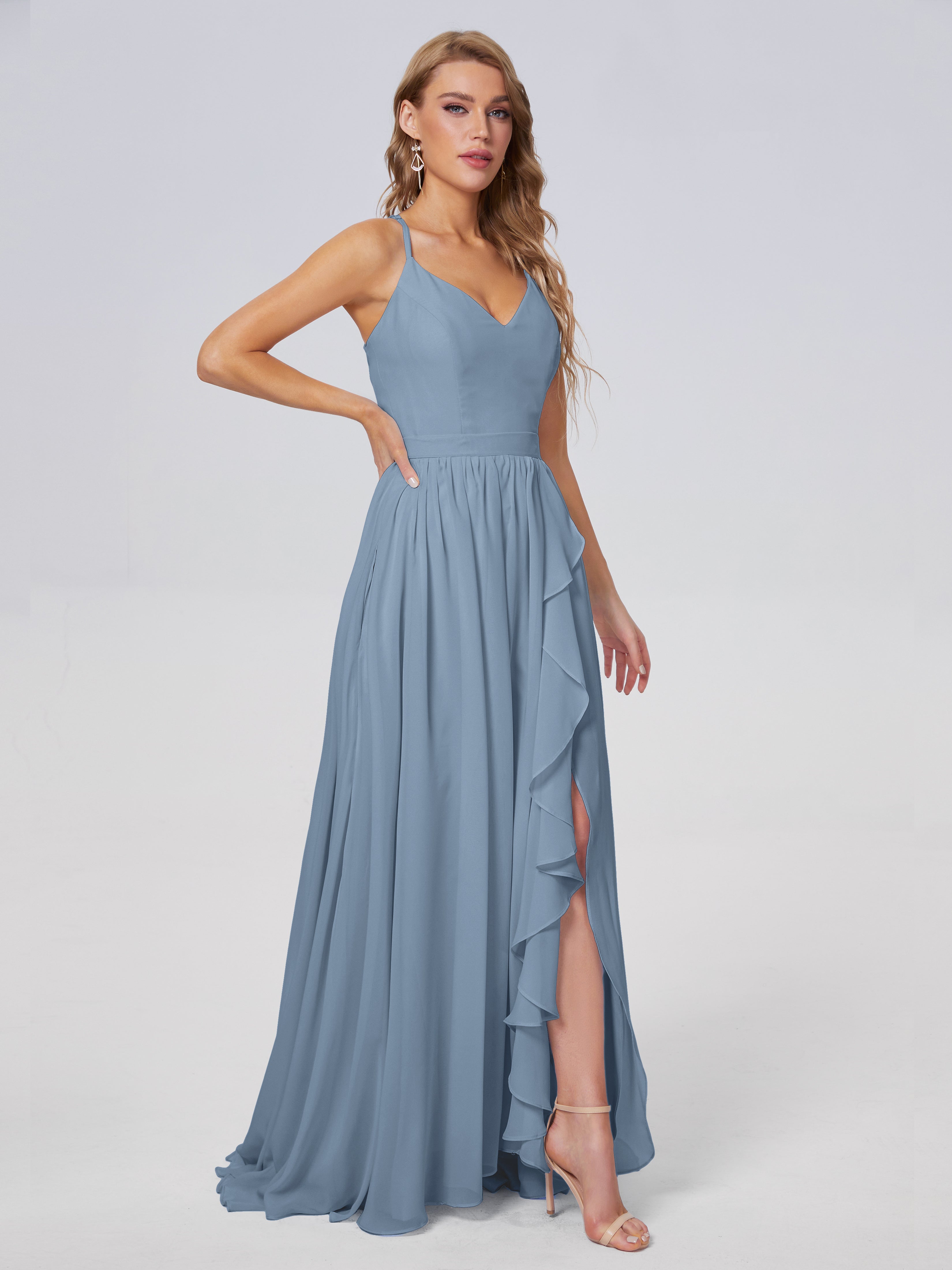 Robes De Demoiselle D'Honneur Bleu De Schiste Asymétrique Mousseline Robes Demoiselle D'Honneur