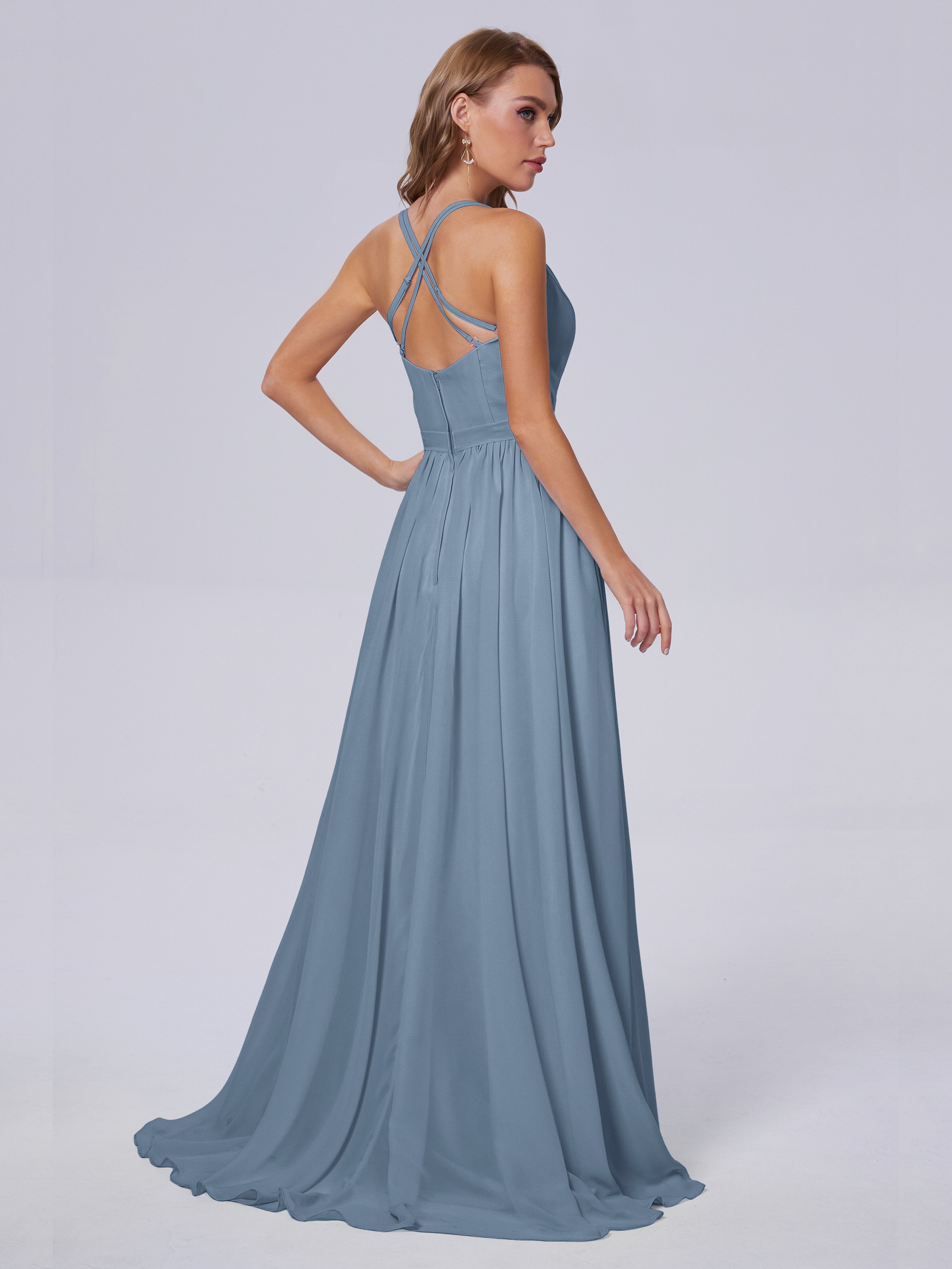Robes De Demoiselle D'Honneur Bleu De Schiste Asymétrique Mousseline Robes Demoiselle D'Honneur