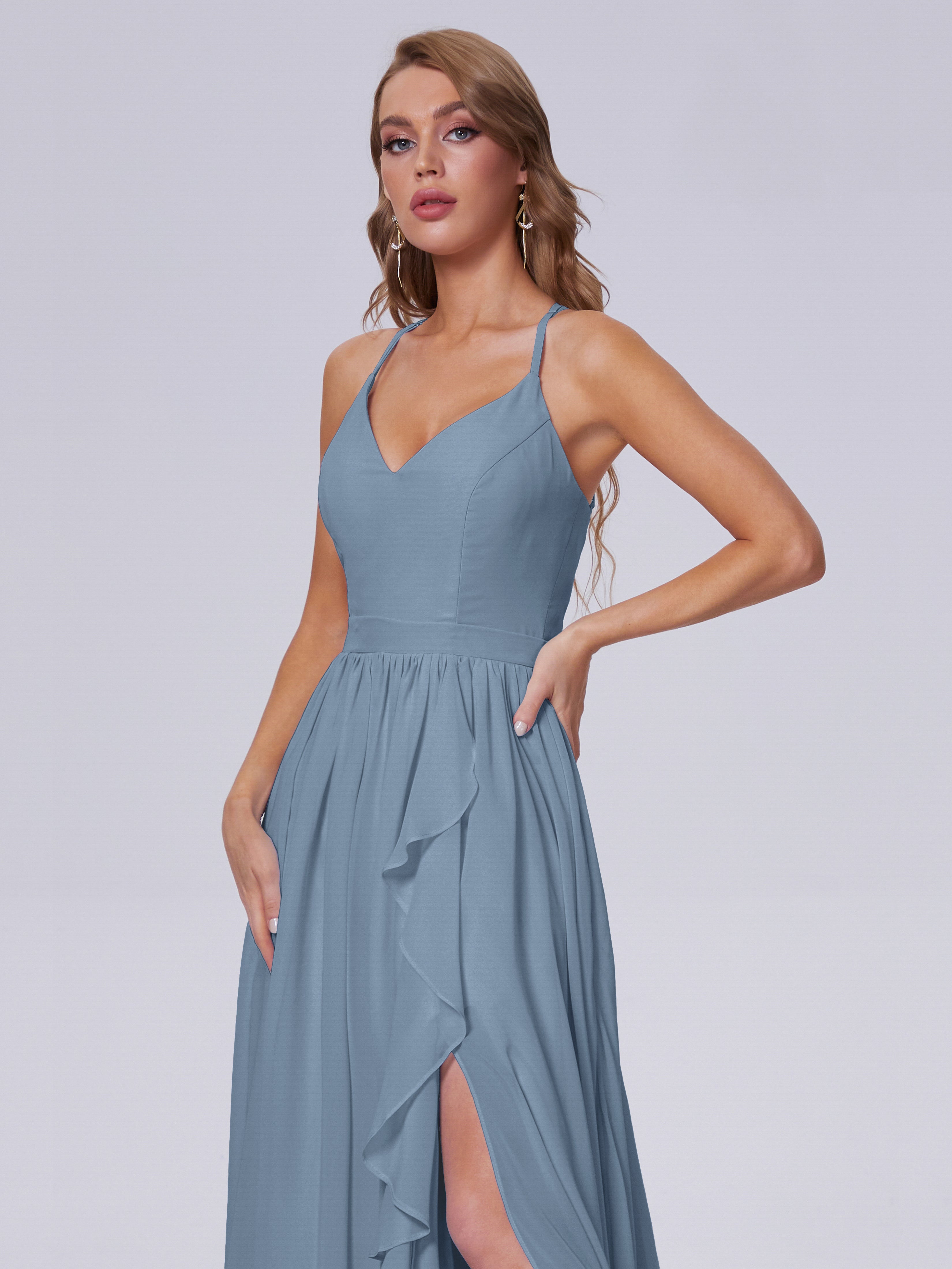 Robes De Demoiselle D'Honneur Bleu De Schiste Asymétrique Mousseline Robes Demoiselle D'Honneur