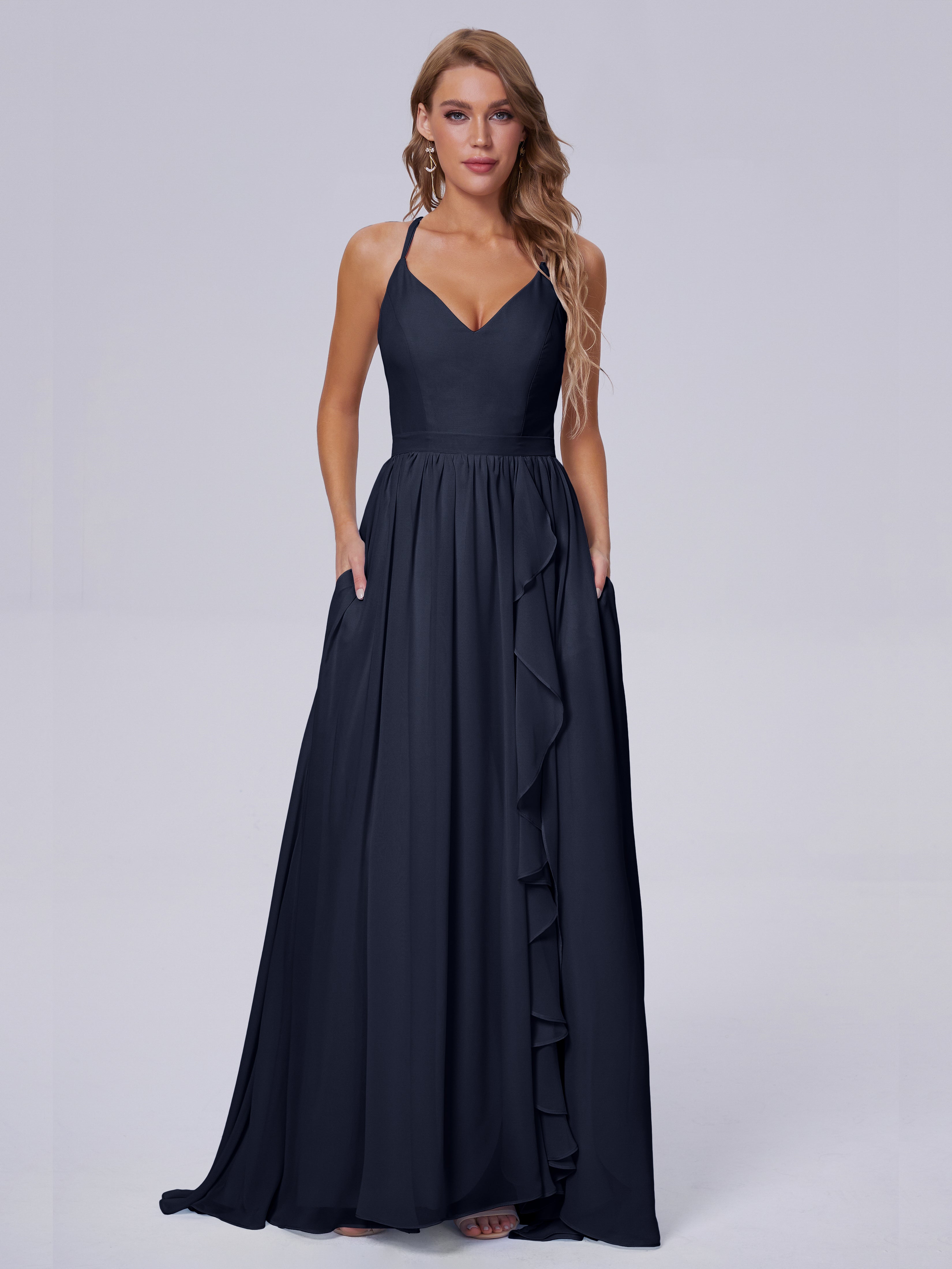 Robe De Demoiselle D Honneur Bleu Marine Asymétrique Mousseline Robes Demoiselle D'Honneur
