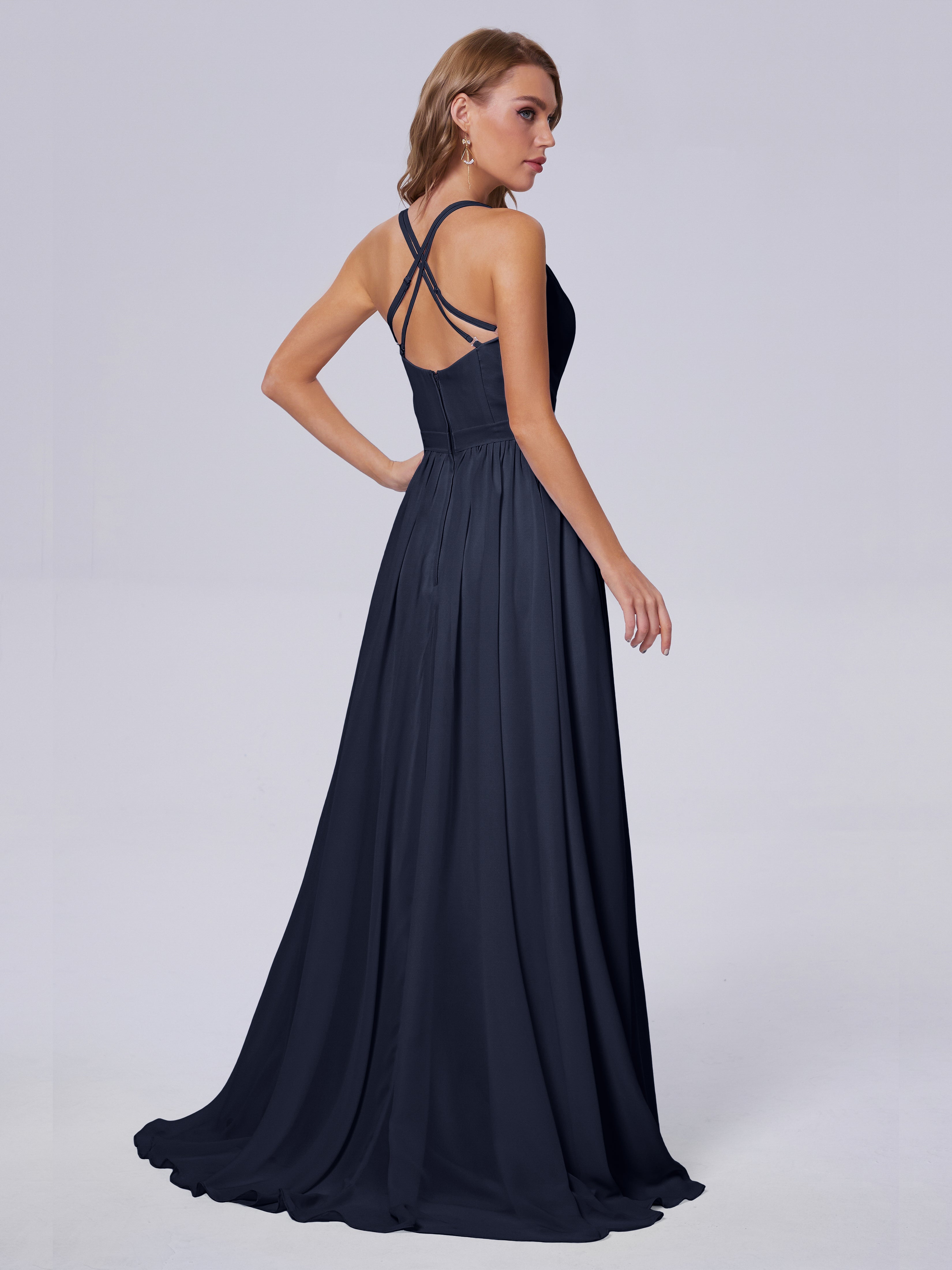 Robe De Demoiselle D Honneur Bleu Marine Asymétrique Mousseline Robes Demoiselle D'Honneur