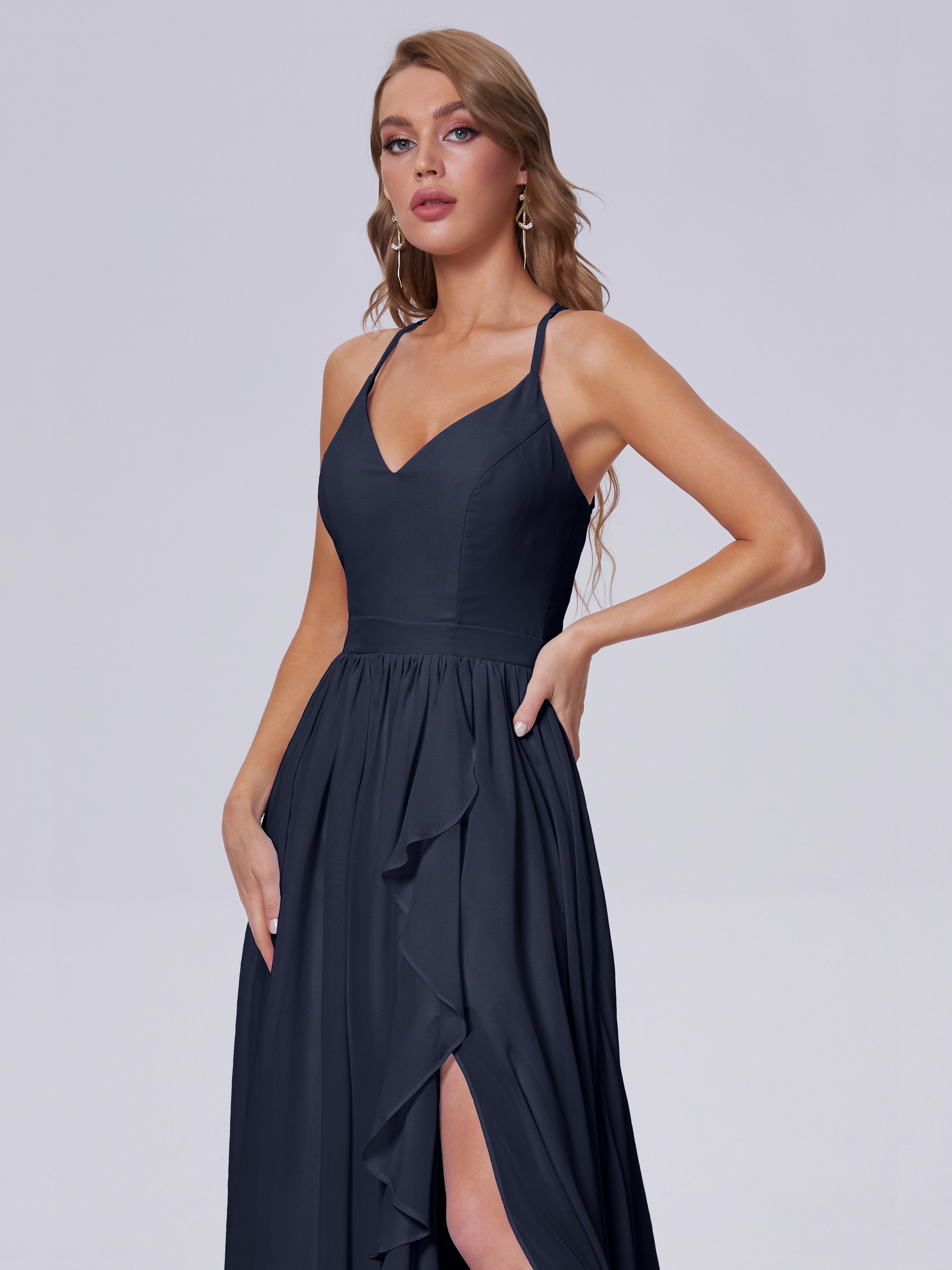 Robe De Demoiselle D Honneur Bleu Marine Asymétrique Mousseline Robes Demoiselle D'Honneur